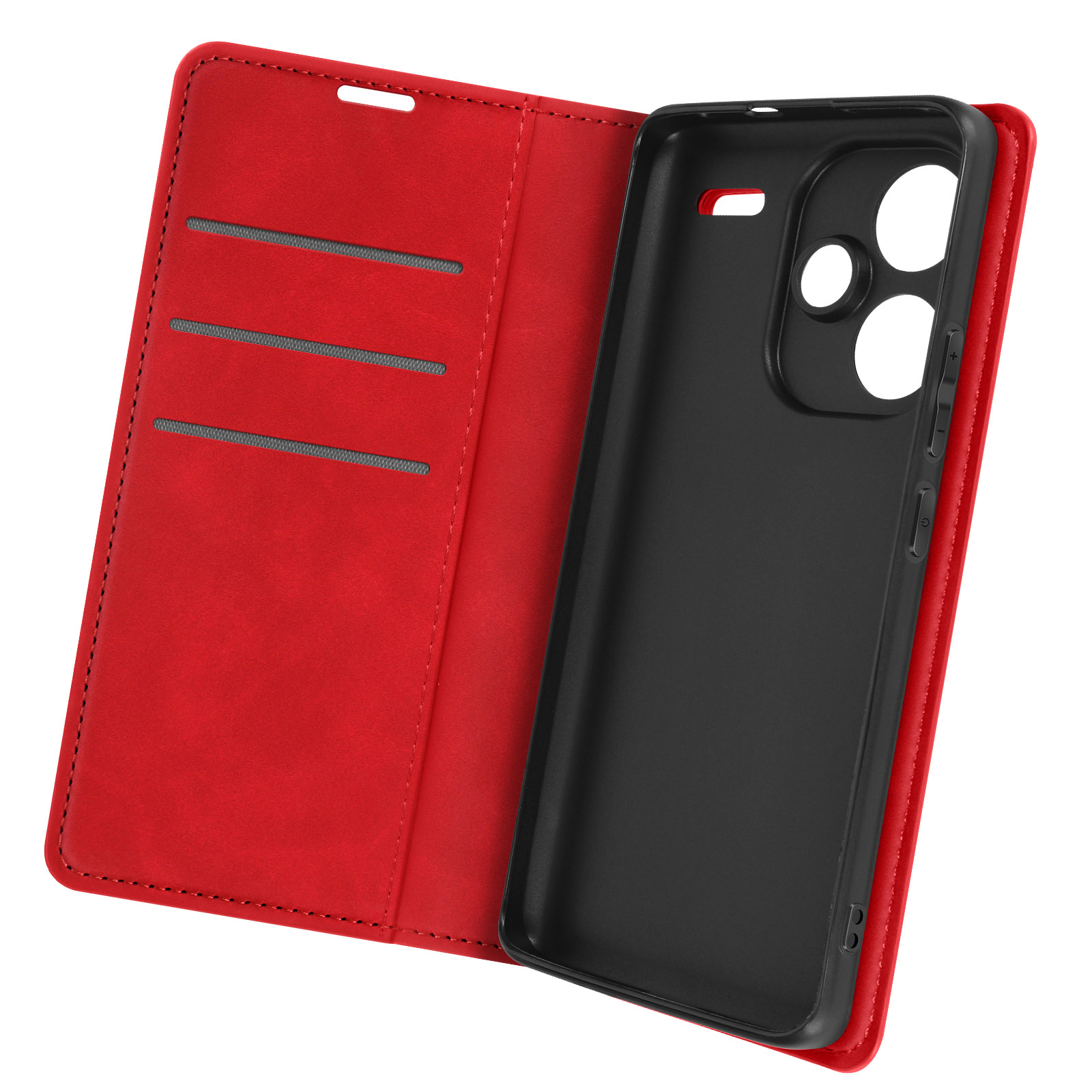 Custodia rossa aperta, rivela telefono nero. La custodia ha fessure per carte.