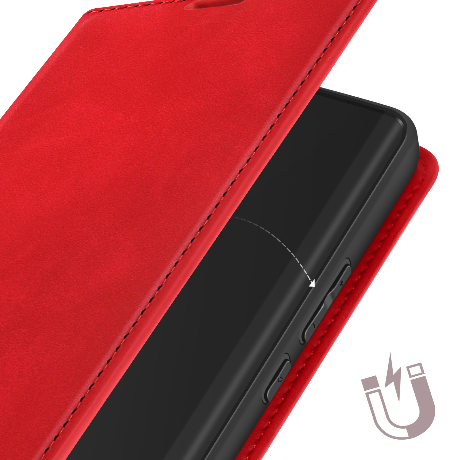 Custodia rossa aperta, mostra una chiusura magnetica e un telefono all'interno.