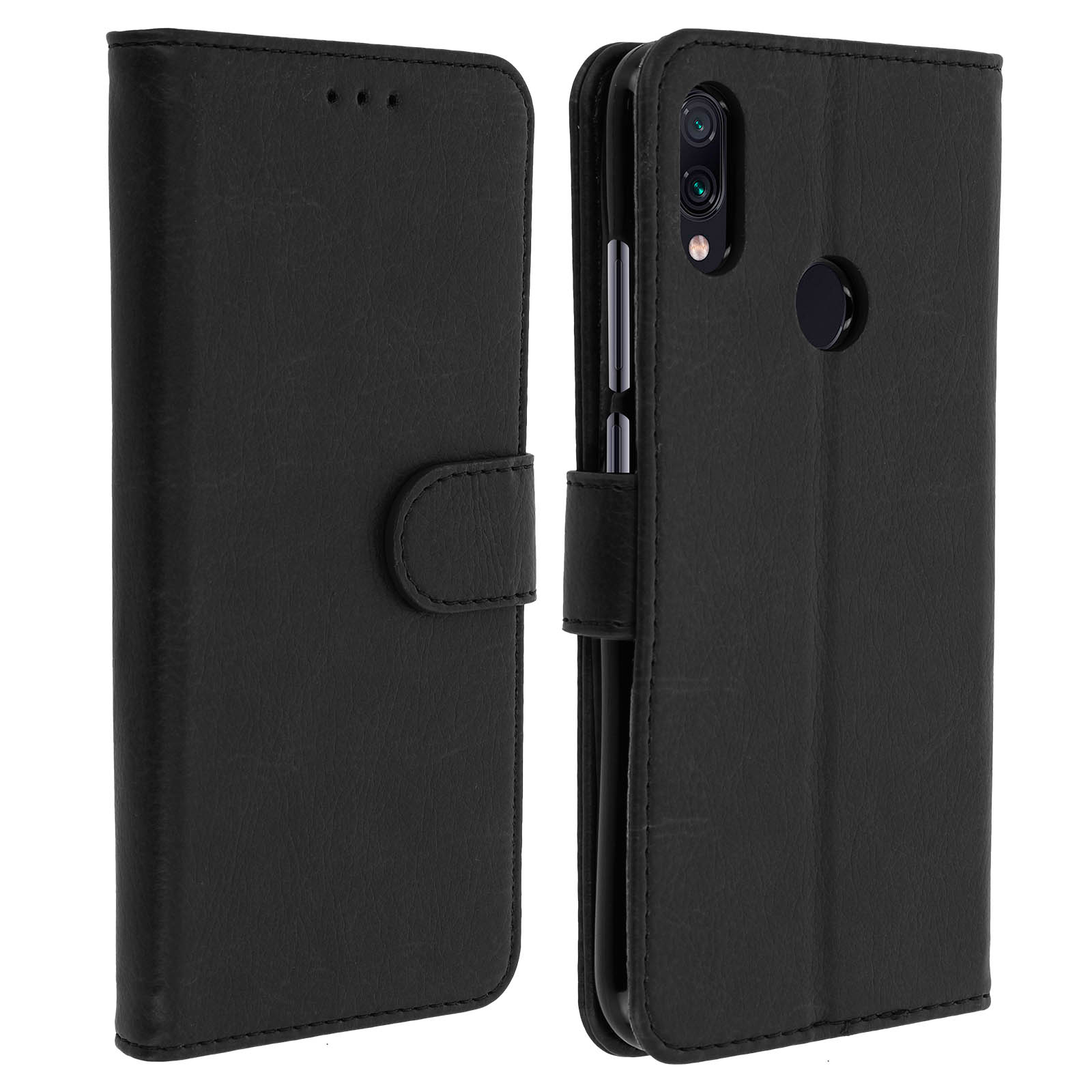 Custodia per telefono nera, chiusa. Tre obiettivi della fotocamera visibili. Sfondo bianco.