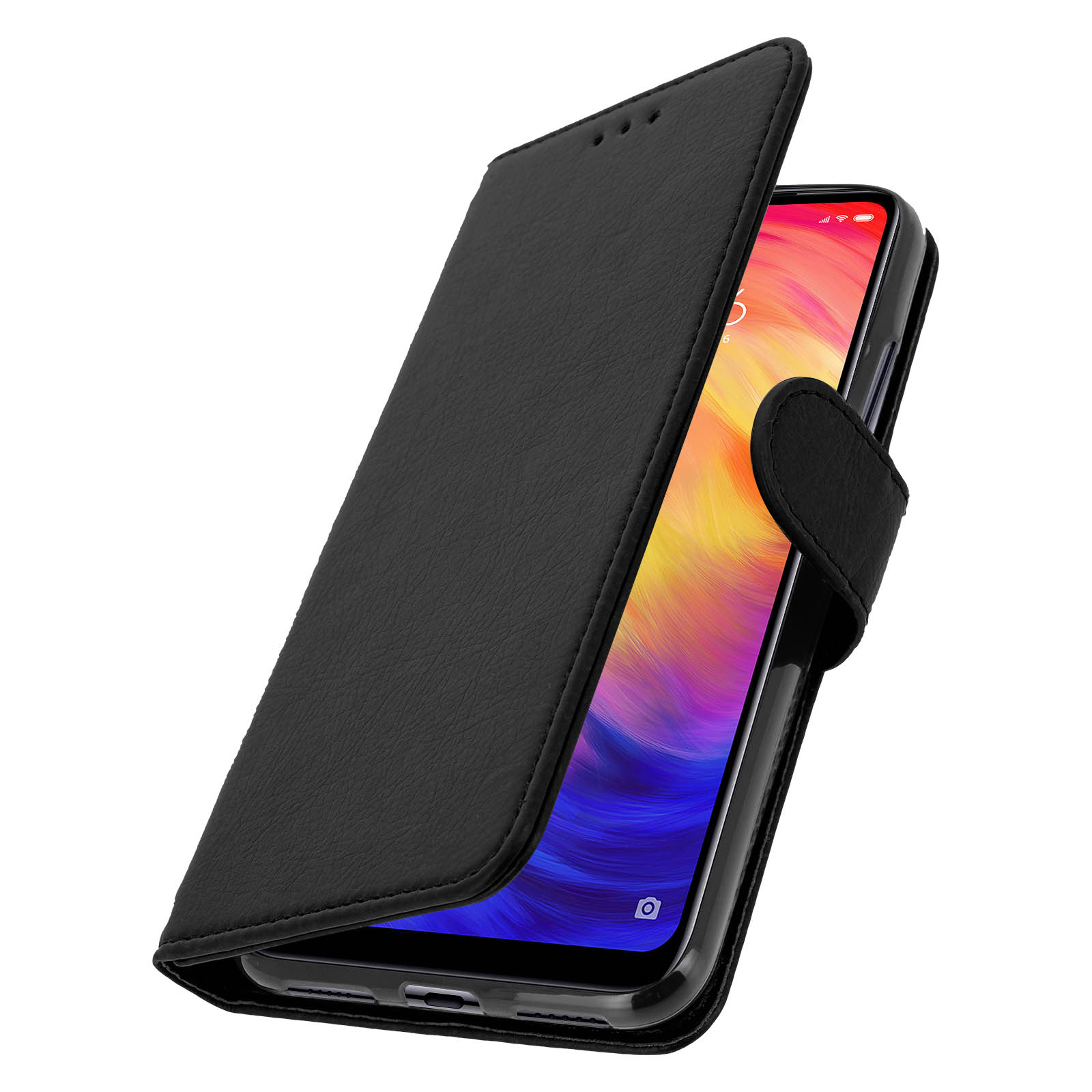 Custodia per telefono nera con telefono all'interno, socchiusa che mostra lo schermo con un'interfaccia colorata.