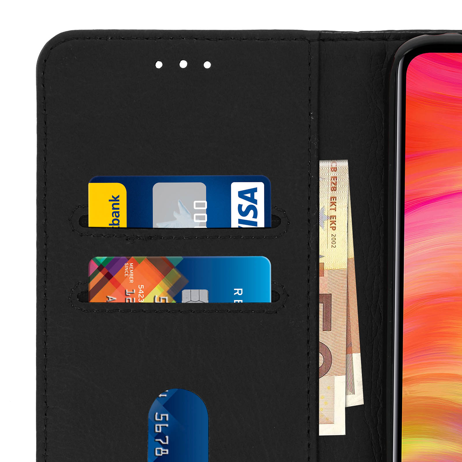 Custodia nera per telefono aperta, che mostra carte e contanti. Sfondo: carte e contanti.