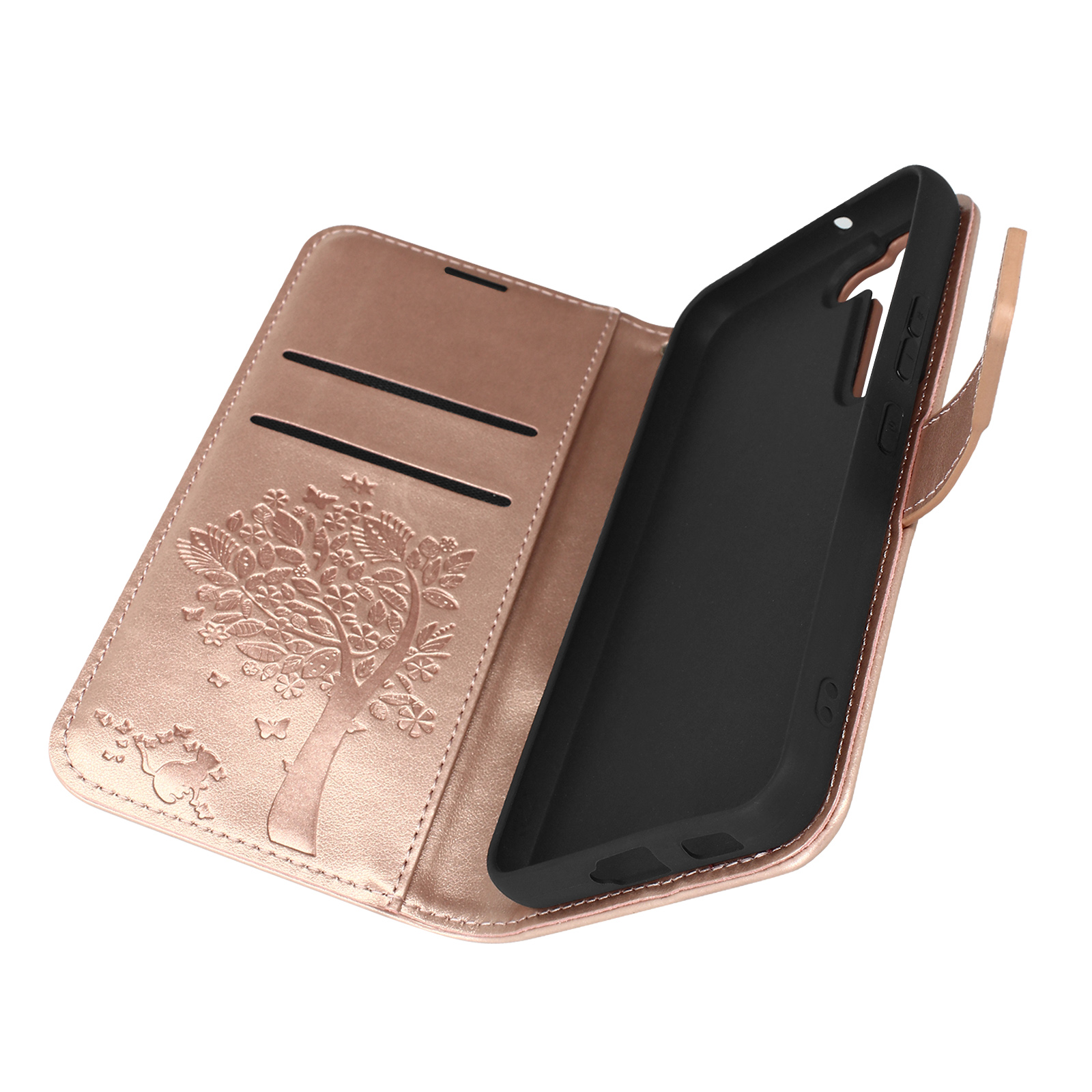 Custodia rosa per telefono con un design ad albero. Aperta, con telefono all'interno. Due fessure per carte.