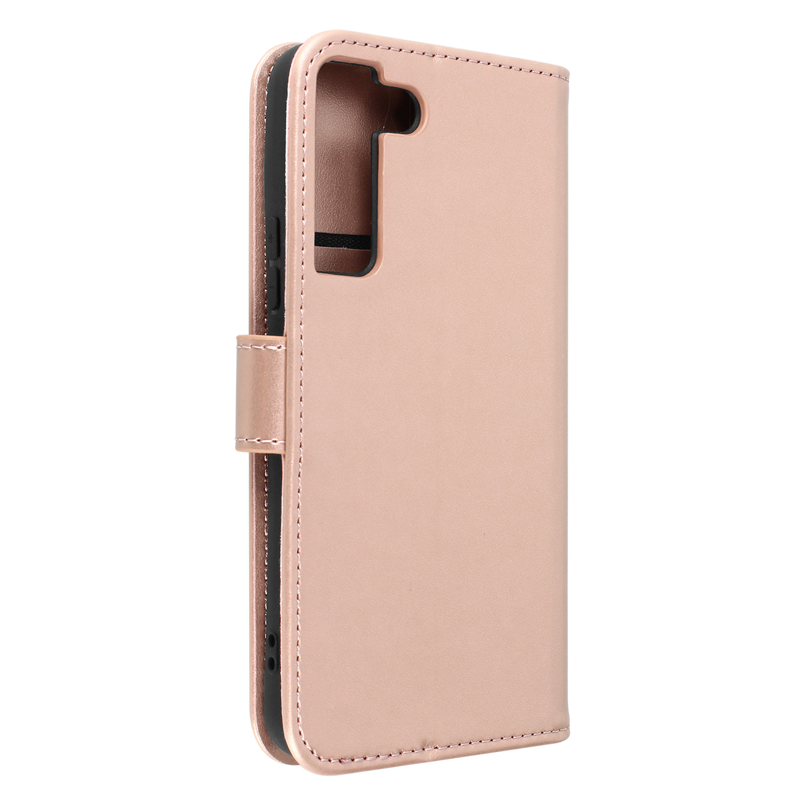 Custodia rosa per telefono con telefono all'interno. La custodia è chiusa e ha una chiusura magnetica.