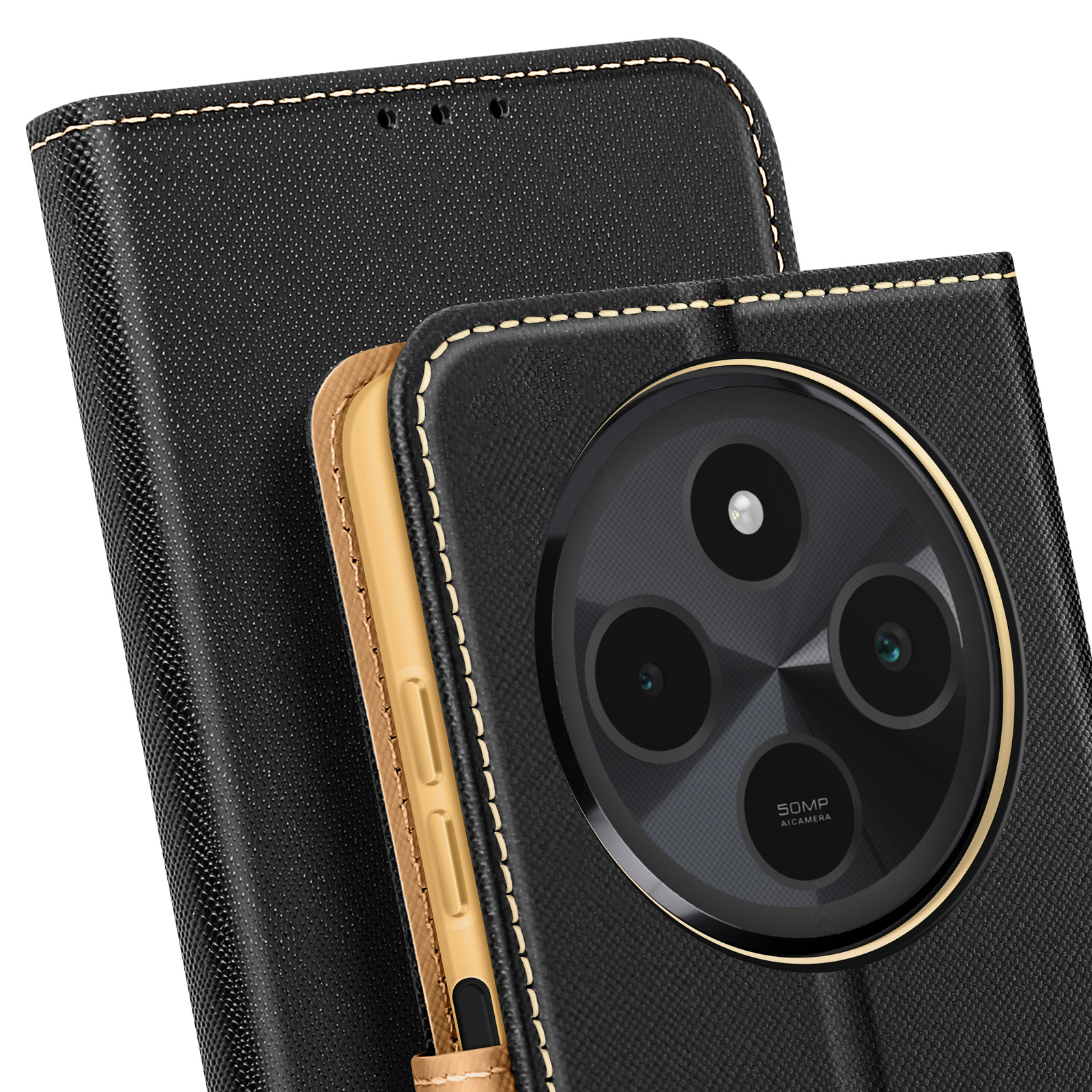 Custodia nera per telefono aperta, che mostra la fotocamera del telefono e un lato con i pulsanti.