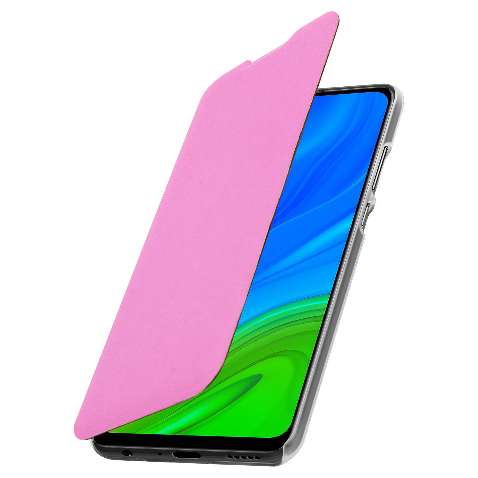 Custodia per telefono rosa con un telefono all'interno, parzialmente aperta, che mostra uno schermo verde e blu.
