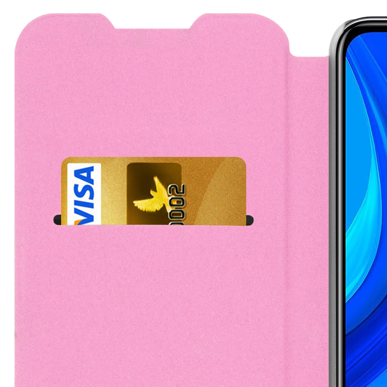 Custodia rosa per telefono con fessura per carta di credito e carta Visa.