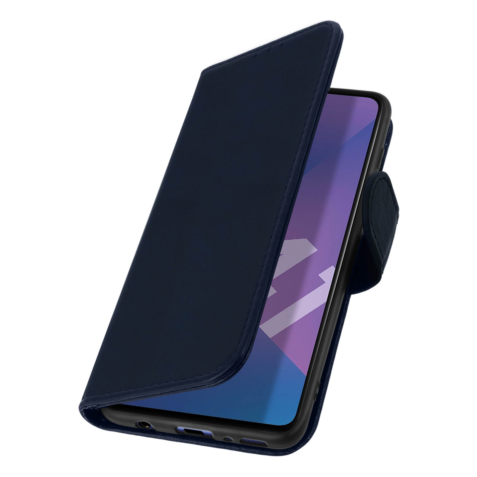 Donkerblauwe telefoonhoes, opengeklapt. Binnenkant toont een telefoonscherm. Witte achtergrond.