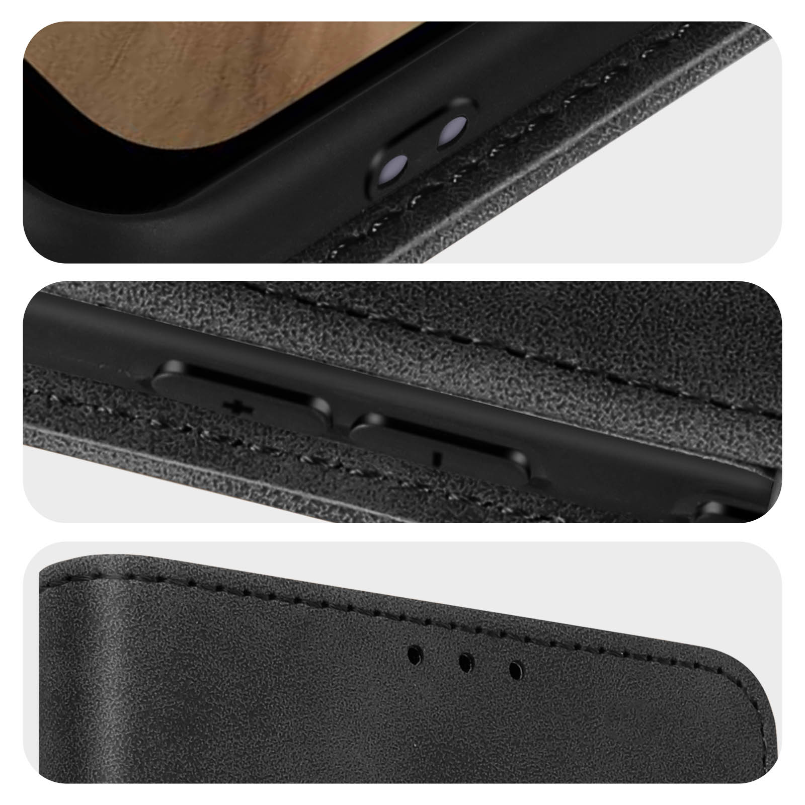 Primo piano dei pulsanti laterali di una custodia nera per telefono.