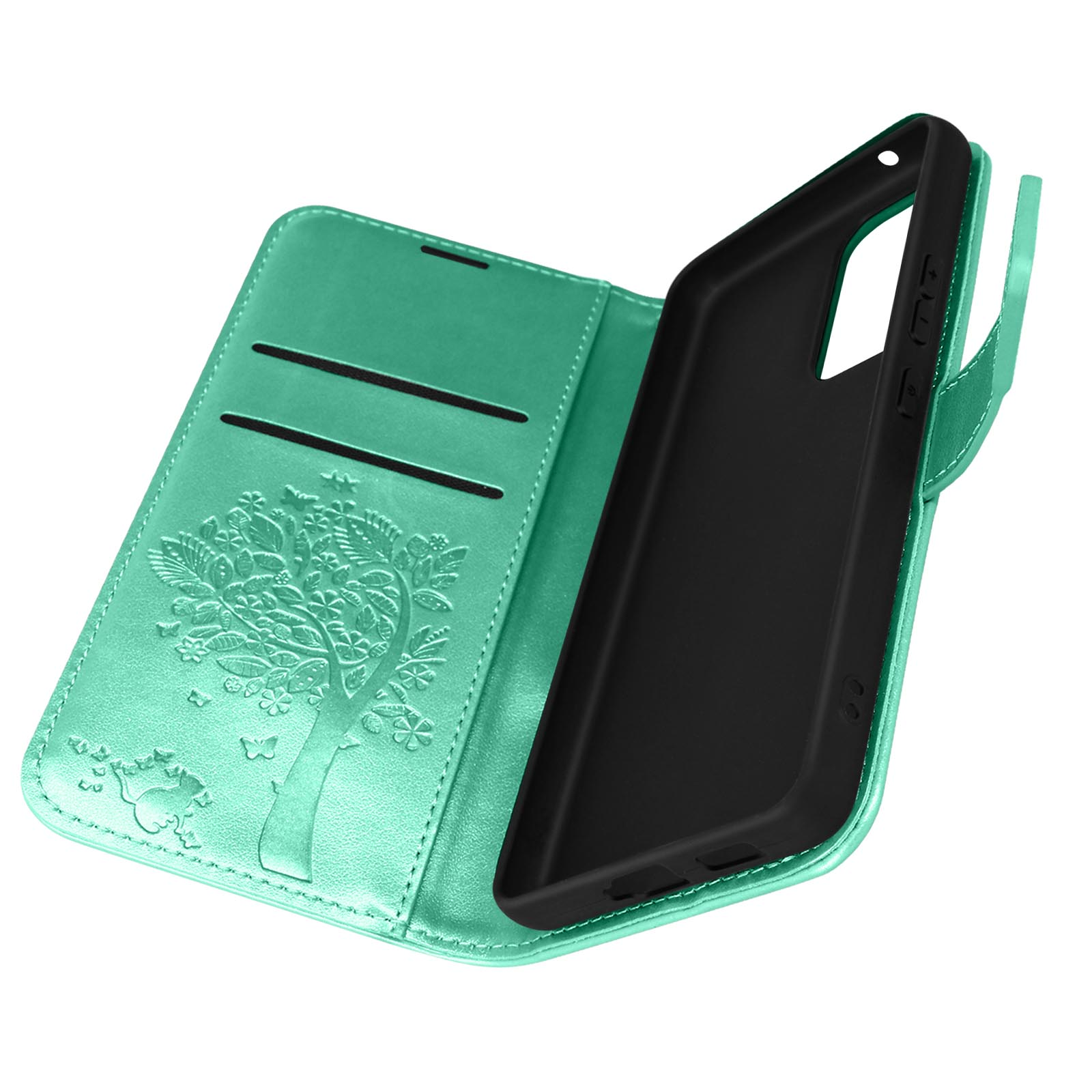 Custodia verde per telefono con un disegno di albero. Custodia aperta, telefono dentro. Sfondo: tavolo.