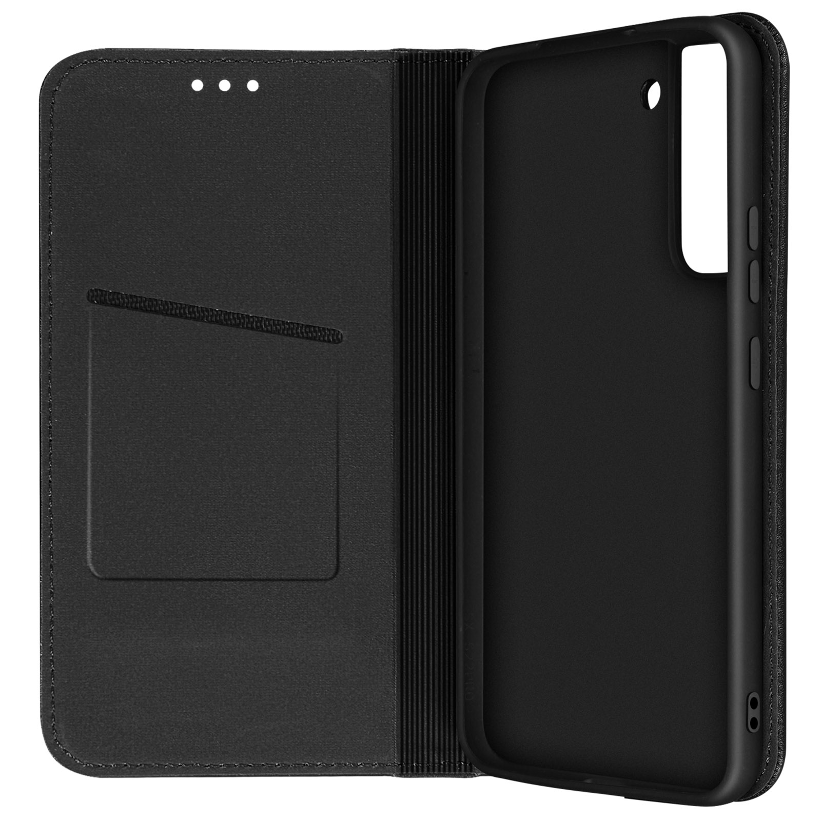 Étui de téléphone noir ouvert, vue intérieure. Découpe en forme de téléphone à droite. Fente pour carte vide à gauche.