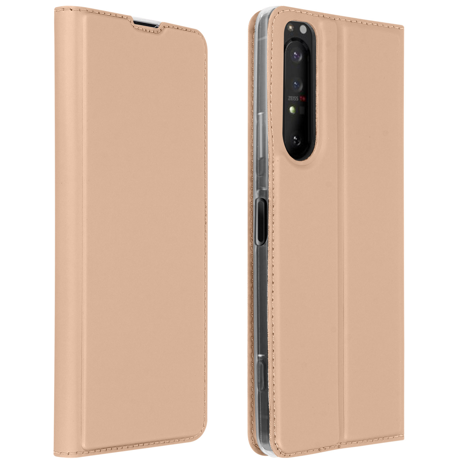 Custodia beige per telefono chiusa, con telefono all'interno. In piedi su una superficie bianca.