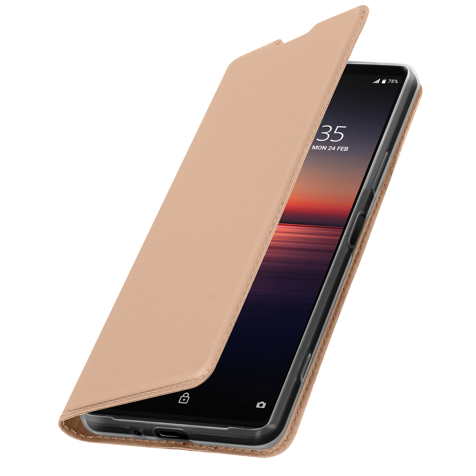 Custodia per telefono aperta, colore beige. Il telefono è dentro, con schermo visibile che mostra la data.