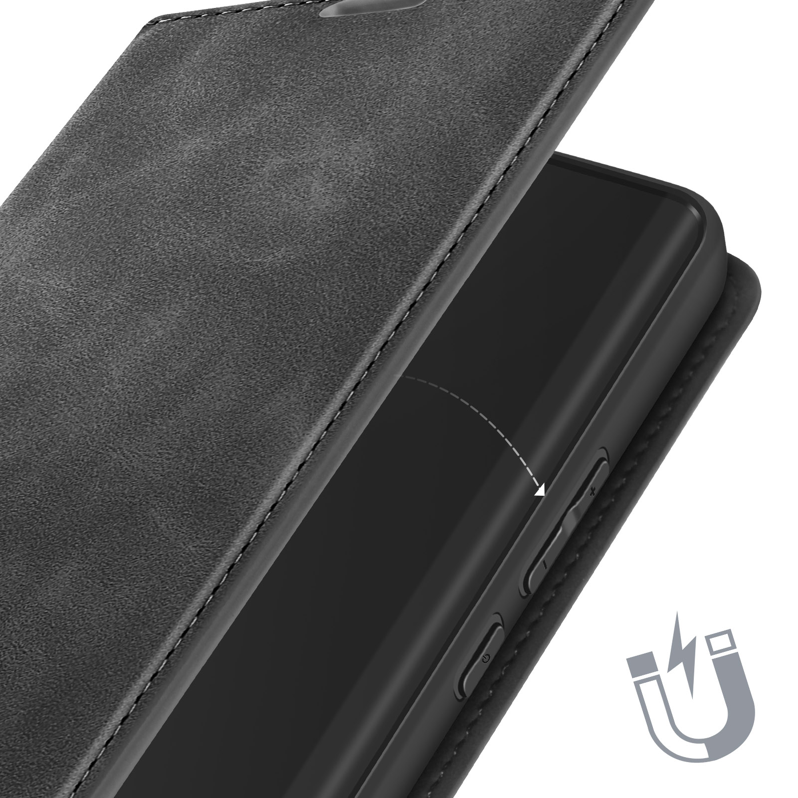 Un telefono in una custodia grigia con chiusura magnetica.
