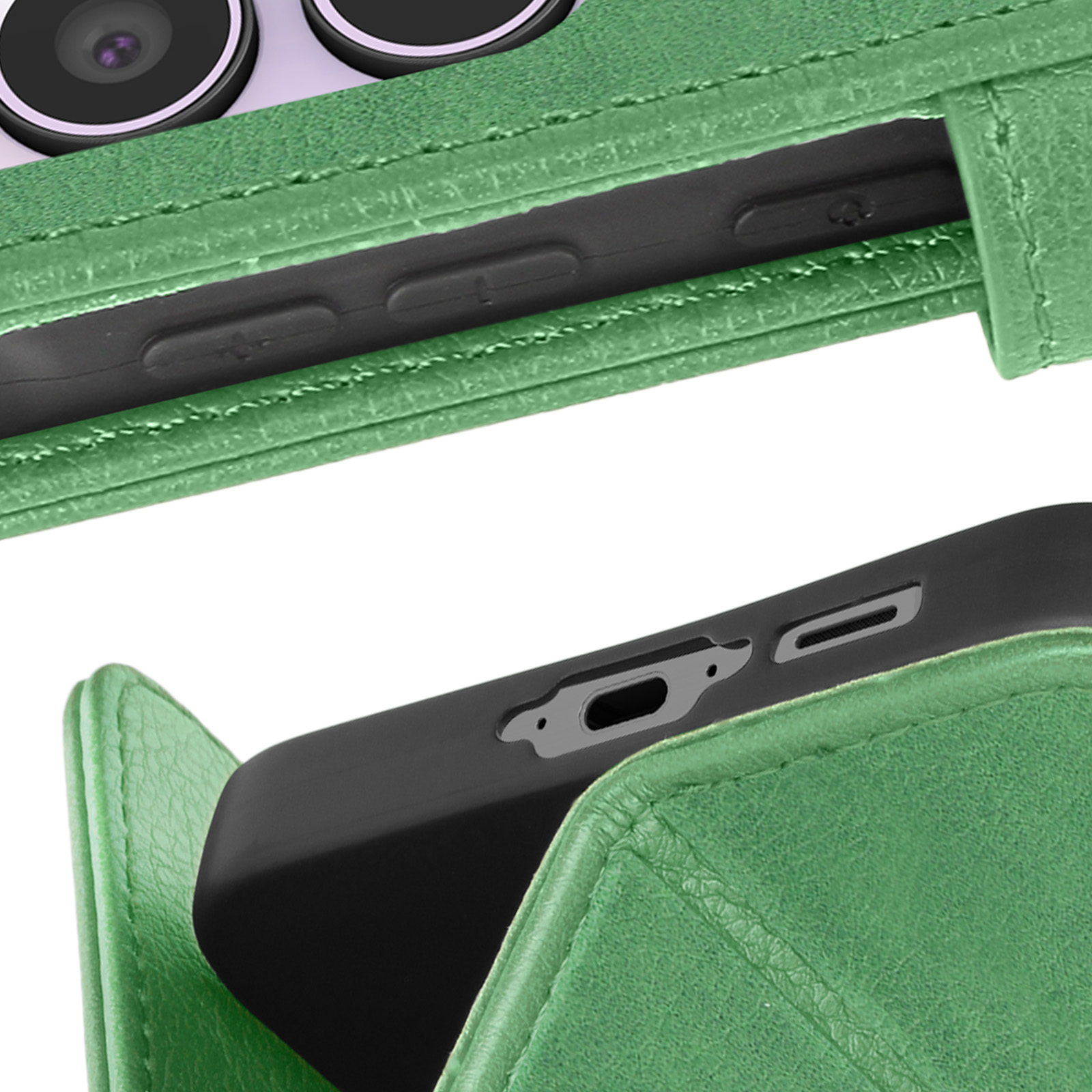 Custodia verde per telefono che mostra la porta del telefono. Telefono nero all'interno. Sfondo bianco.