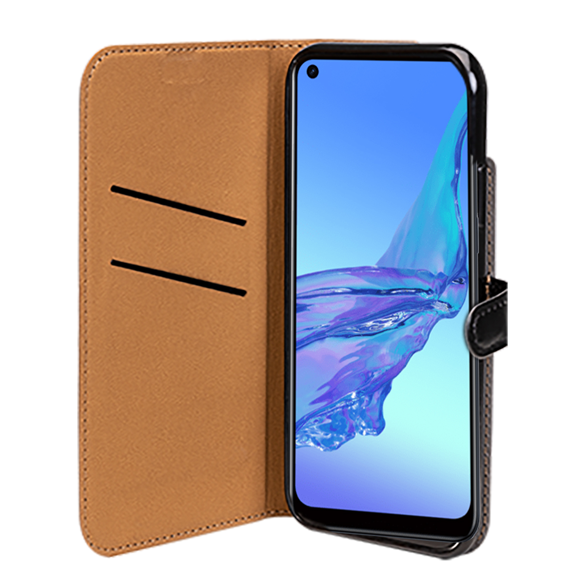 Geöffnete braune Handyhülle mit Telefon im Inneren. Der Telefonbildschirm ist sichtbar.