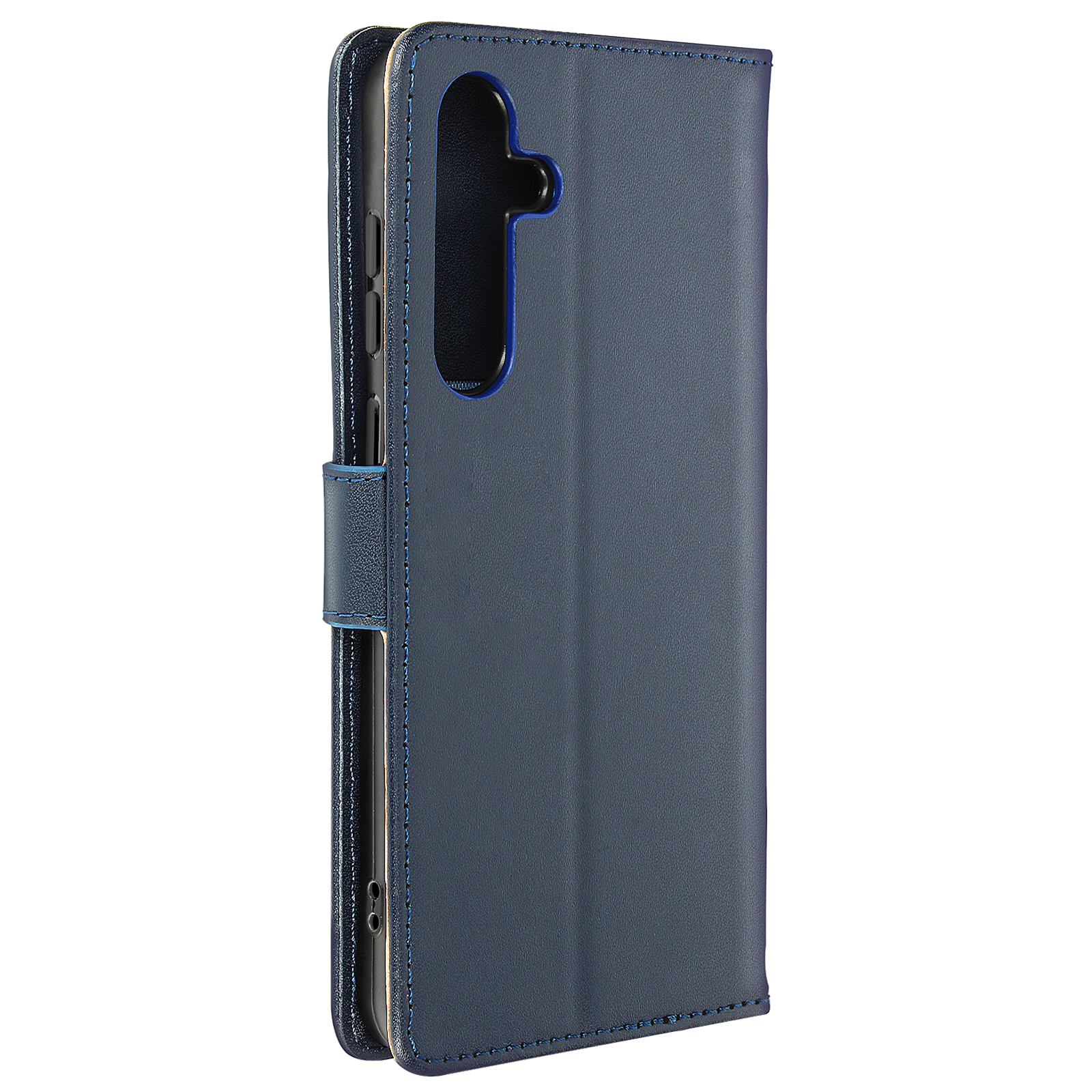 Custodia blu per telefono, aperta. Con chiusura magnetica e porta carte.