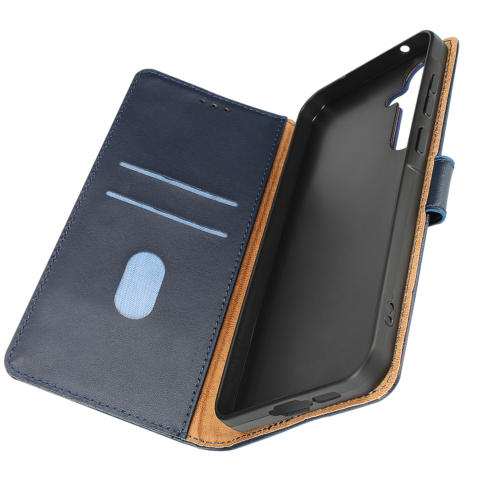 Custodia per telefono blu navy aperta. Mostra l'interno, con fessure per carte e una cornice marrone.