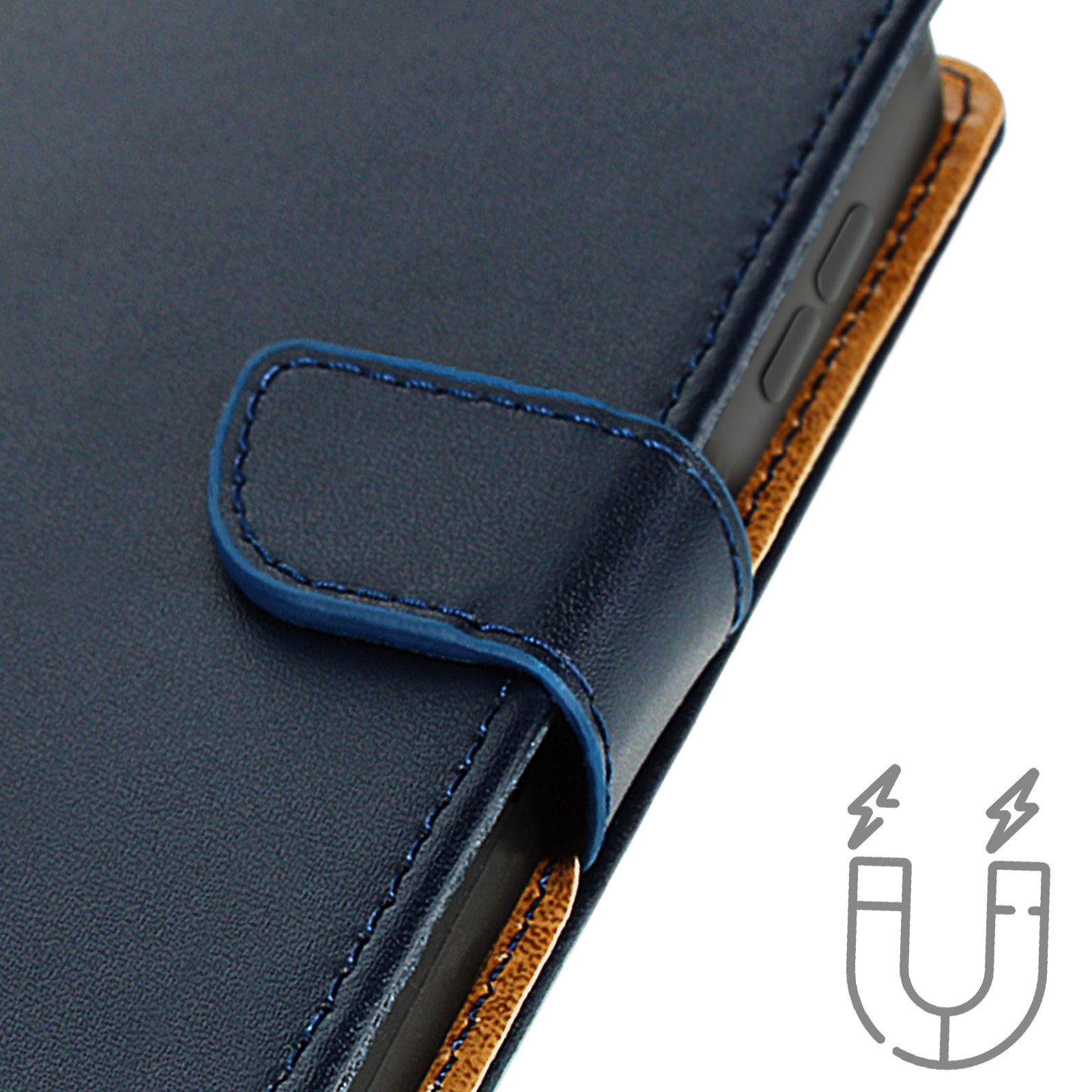 Primo piano di una custodia per telefono blu scuro. Chiusura magnetica visibile, con simbolo di magnete.