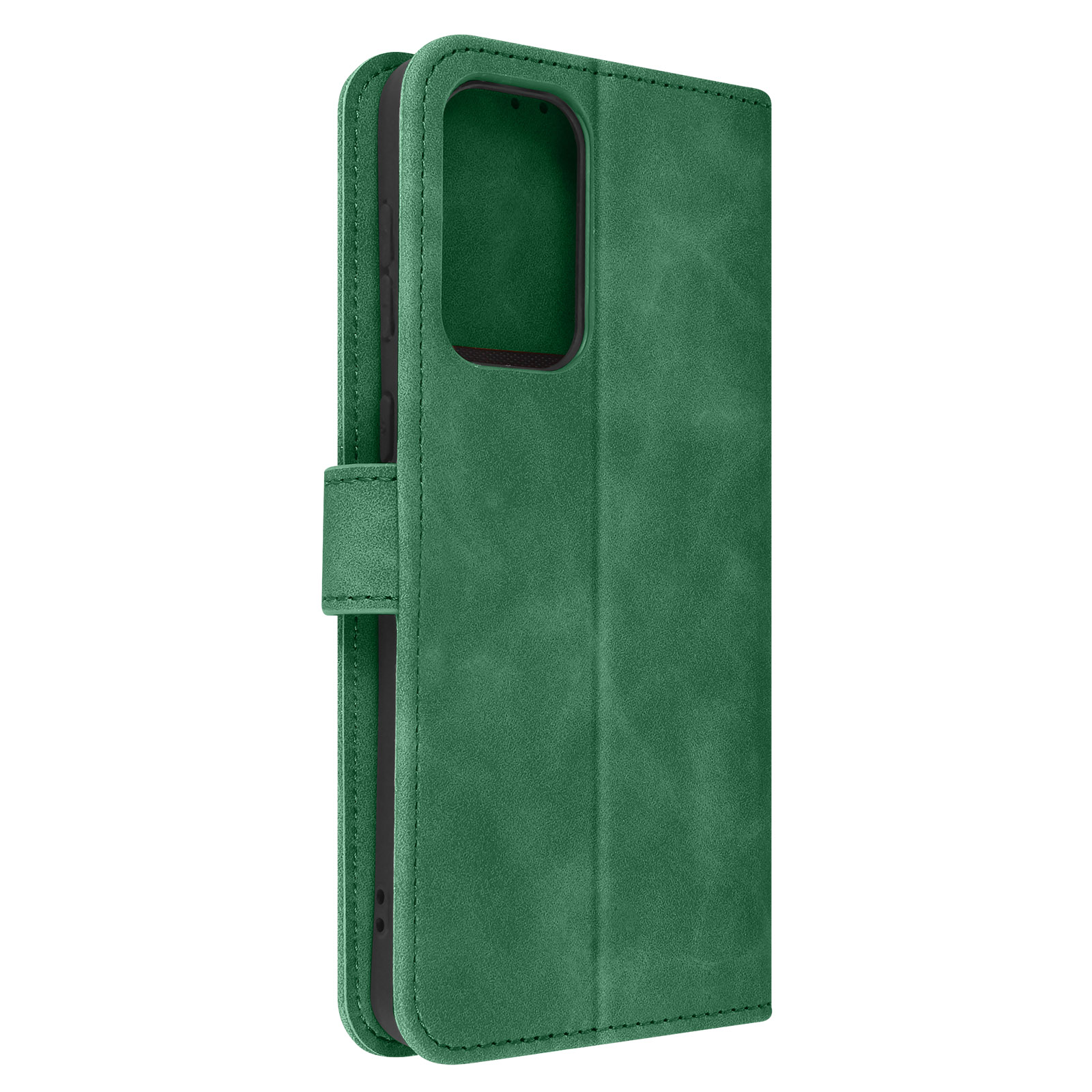 Grüne Handyhülle, geschlossen. Die Hülle ist aus Leder und geschlossen, mit dem Telefon darin.