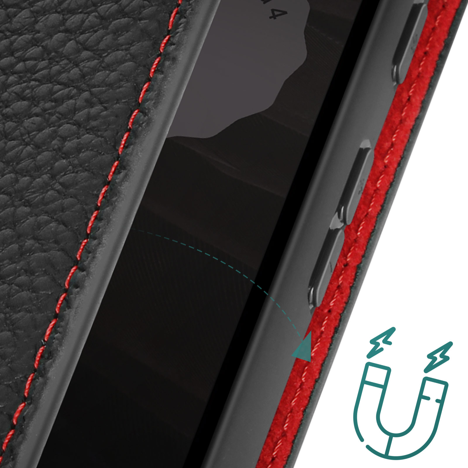 Primo piano di custodia per telefono con cuciture rosse e icona di chiusura magnetica. La custodia è nera.