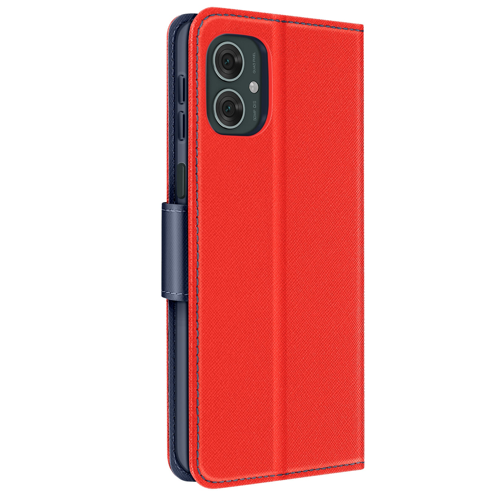 Custodia rossa per telefono con interno blu. Due obiettivi della fotocamera sono visibili sul telefono. La custodia è chiusa.