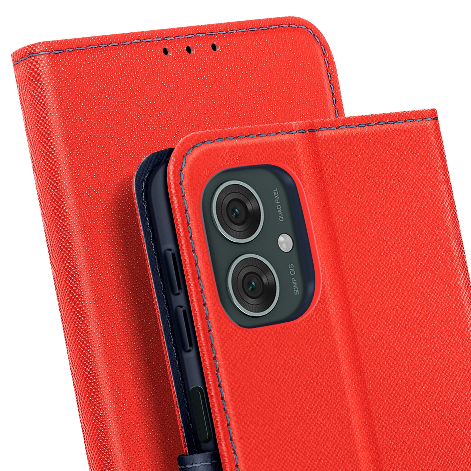 Custodia per telefono rossa aperta, che mostra la fotocamera e lo schermo del telefono. Interno blu.