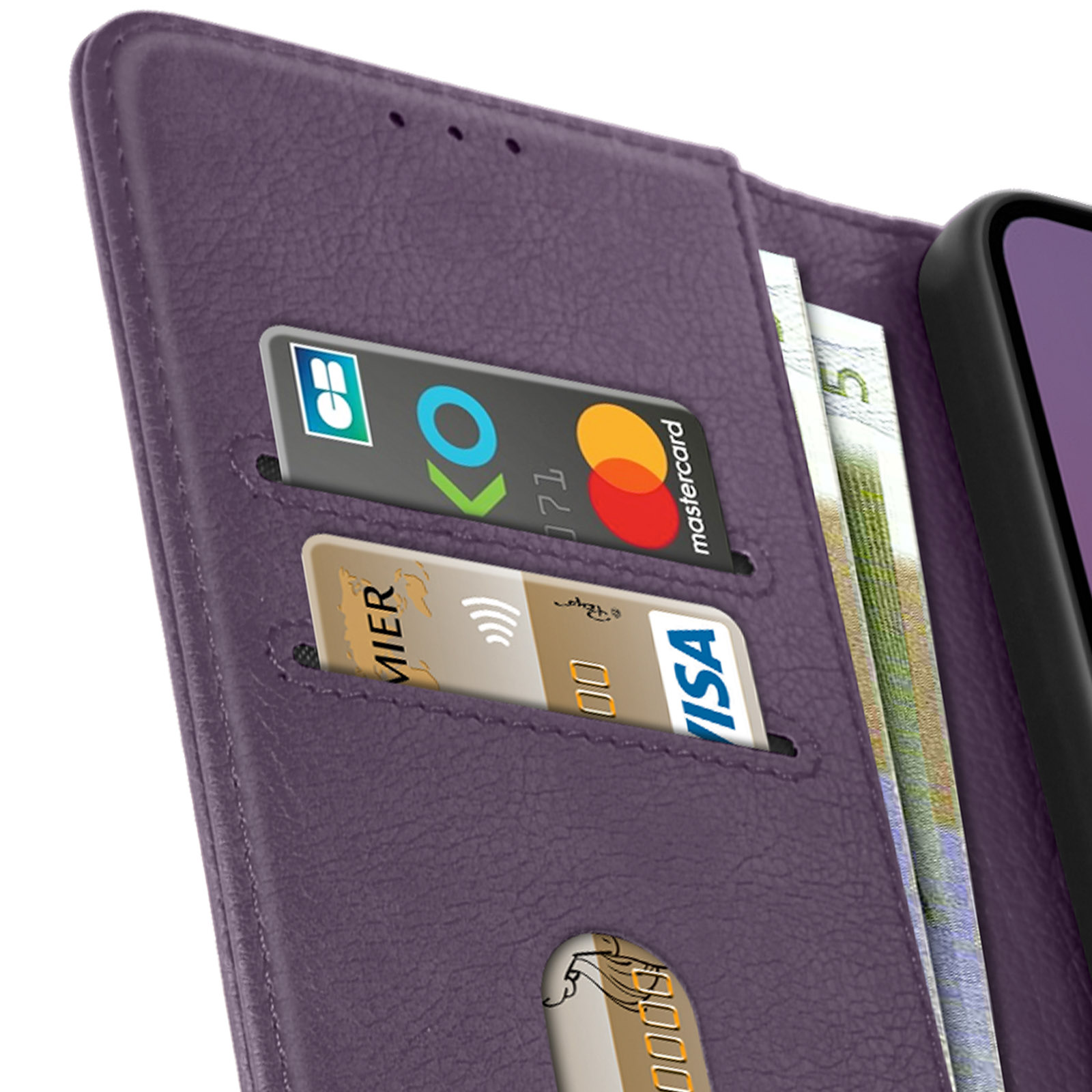 Custodia per telefono viola, aperta, con carte e denaro. Carte di credito e banconote visibili.