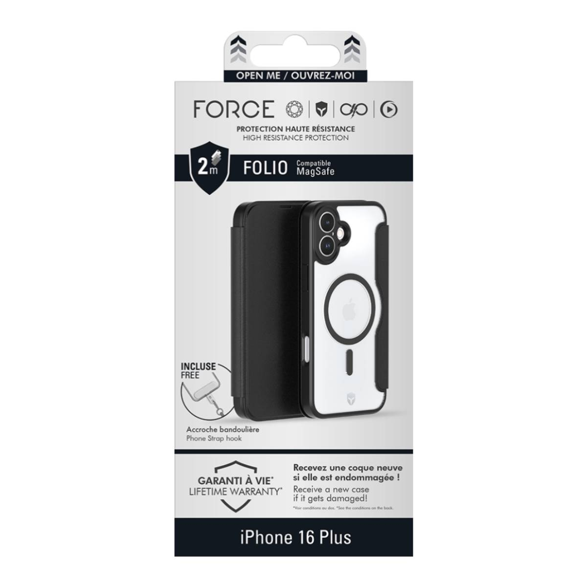 Scatola della custodia del telefono con telefono e cinturino. Testo in bianco e nero. Il marchio è FORCE.