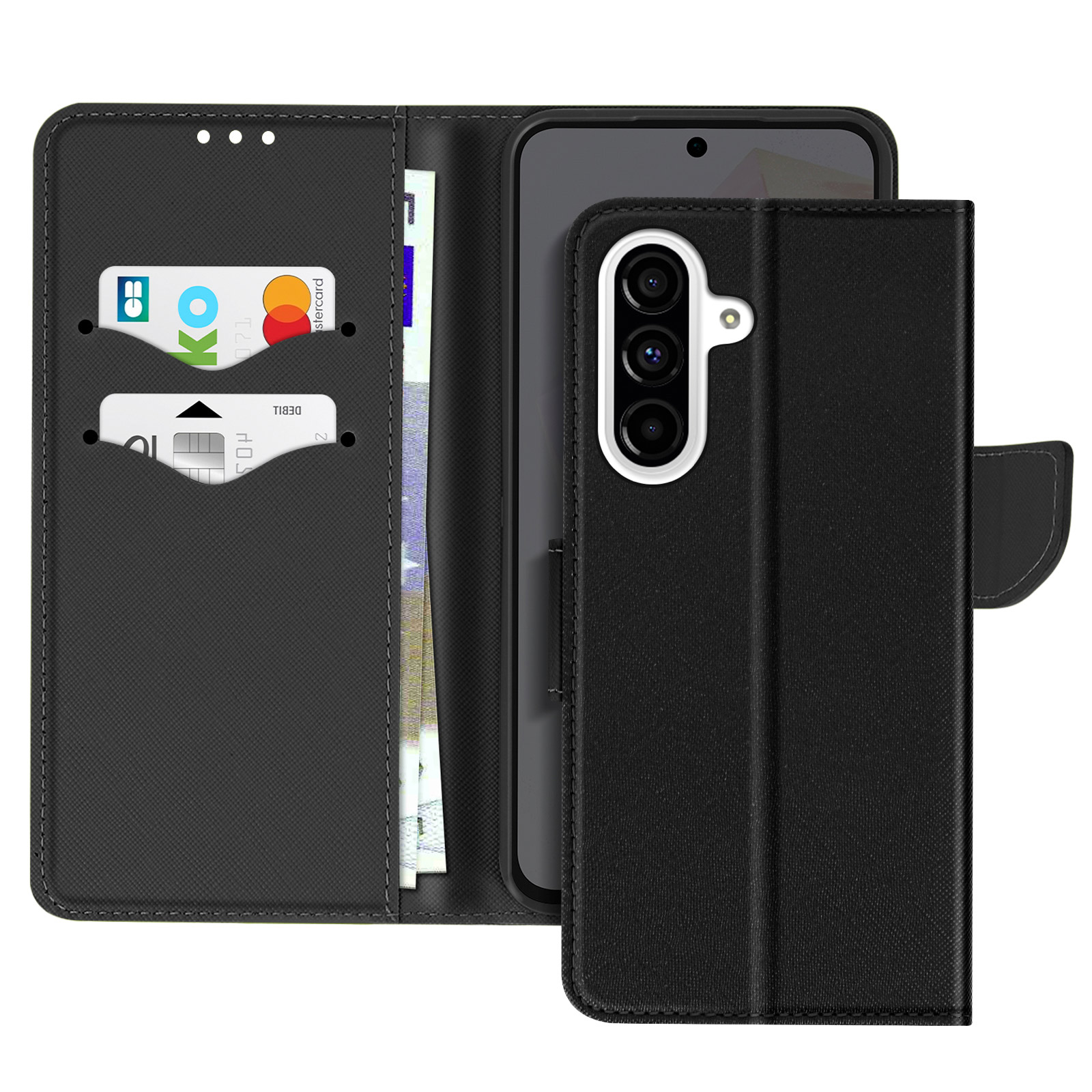 Custodia nera per telefono, aperta. Mostra carte, contanti e telefono. Chiusura magnetica.
