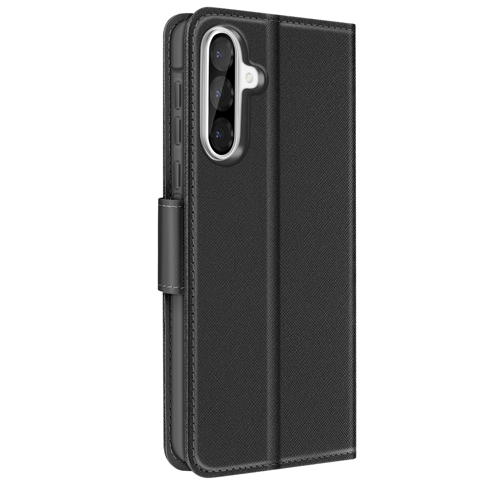 Custodia nera per telefono, chiusa, con un telefono all'interno. Ha un ritaglio per la fotocamera e una chiusura magnetica.