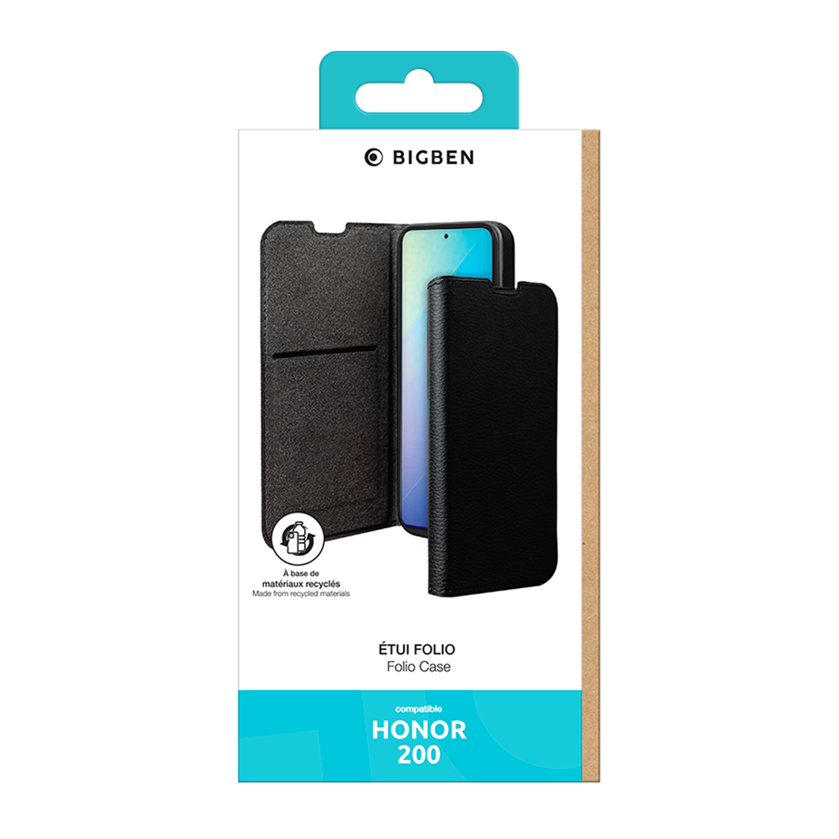 Telefonhüllenverpackung mit schwarzem Etui. Text lautet 'ÉTUI FOLIO Folio Case' und 'HONOR 200'.