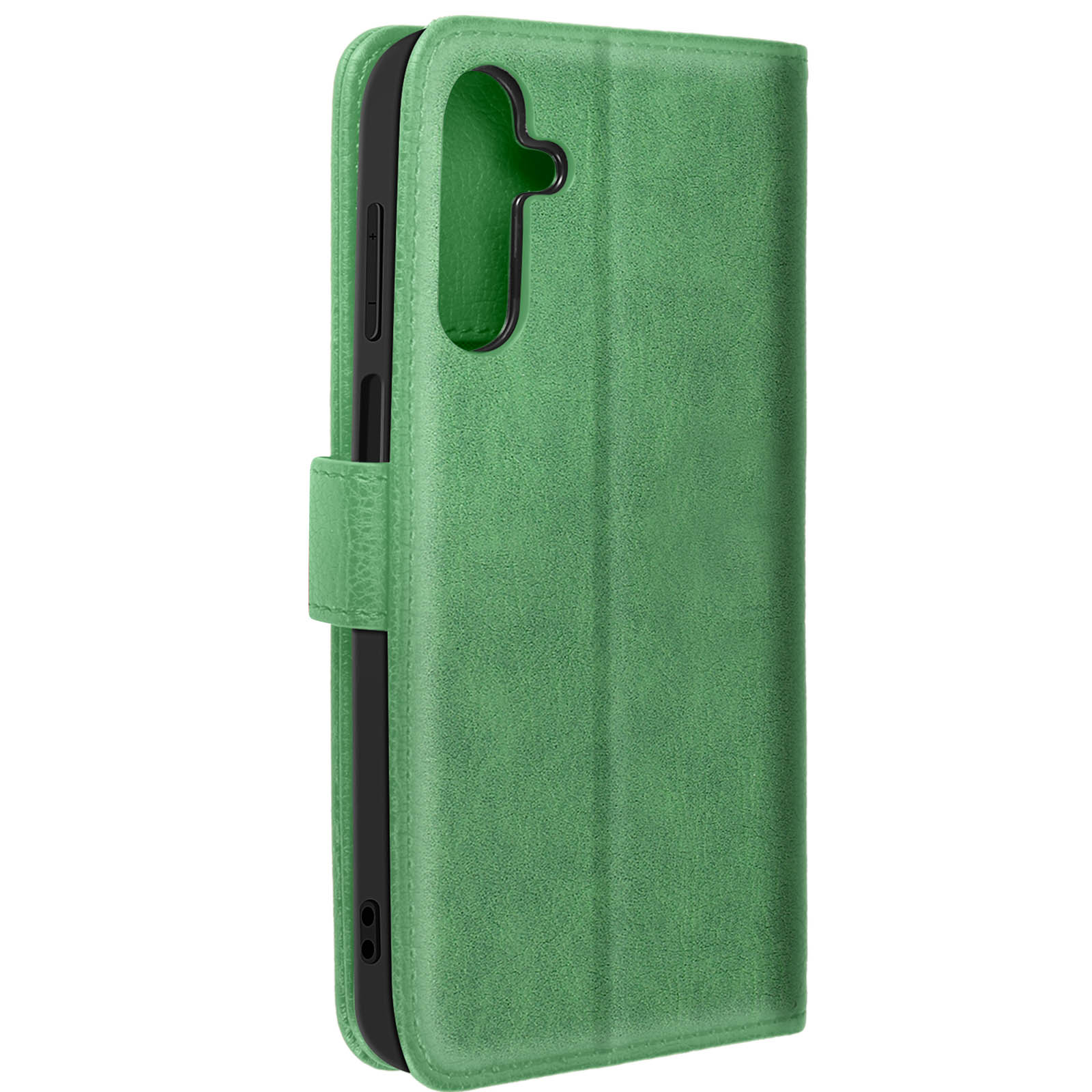 Custodia verde per telefono, chiusa. La custodia ha un ritaglio per la fotocamera e pulsanti.