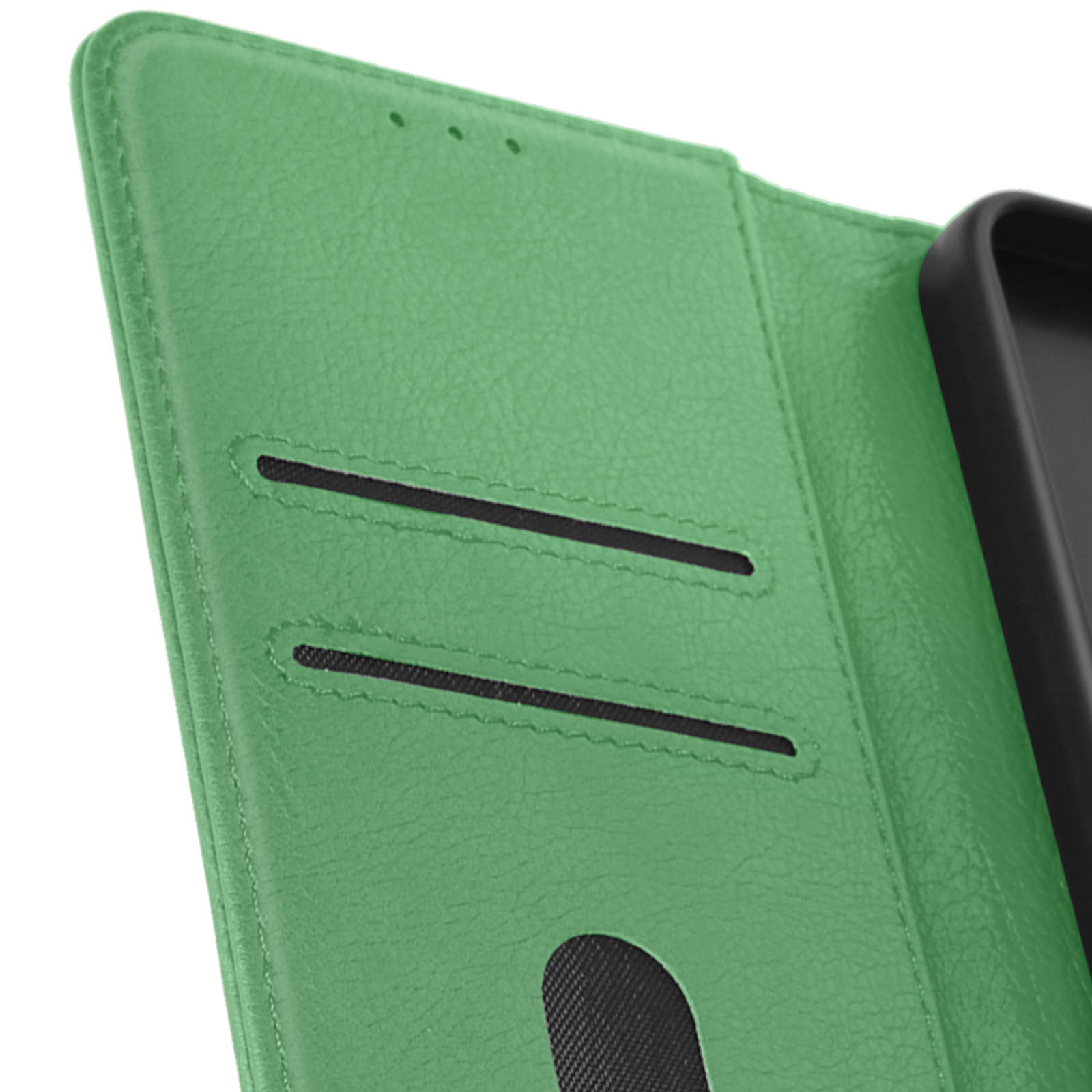 Custodia per telefono verde, interno con fessure per carte. Telefono nero all'interno.