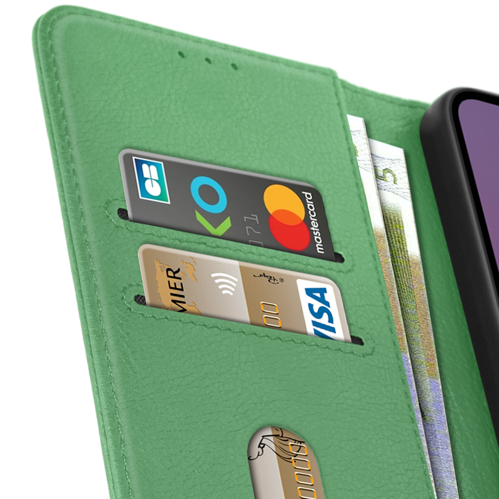 Custodia verde con fessure per carte, con carte di credito e contanti.