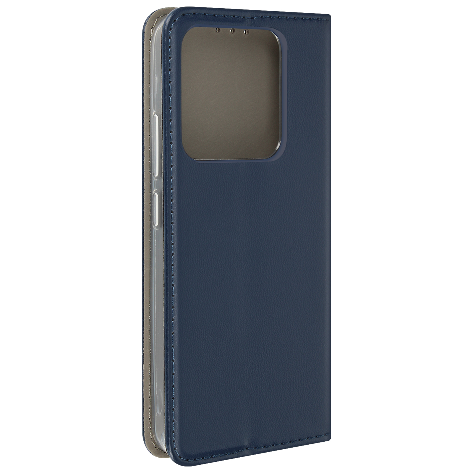 Custodia per telefono blu navy, aperta. Telefono all'interno. Cuciture bianche. Interno grigio.
