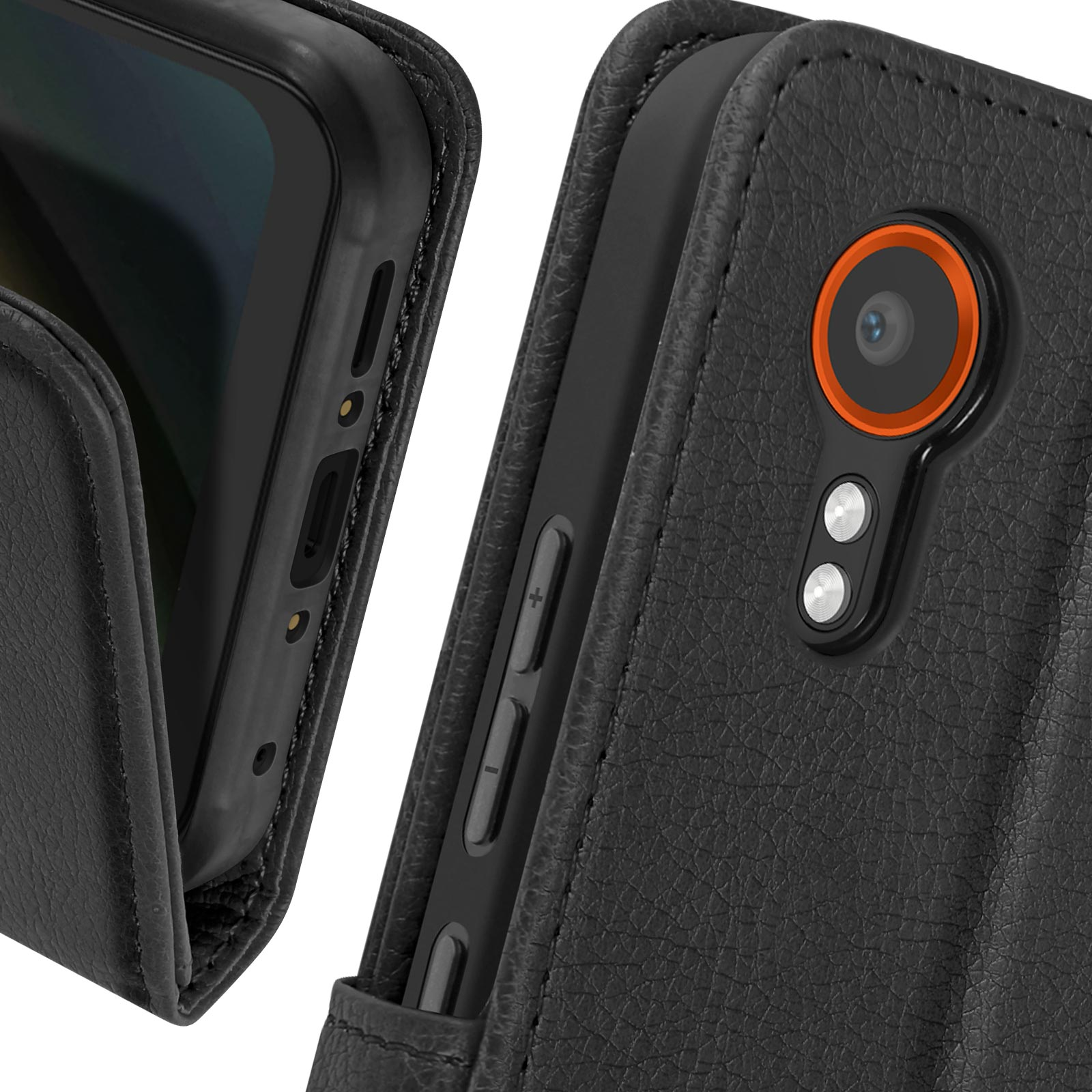 Nahaufnahme einer schwarzen Leder-Handyhülle mit Telefon, zeigt Lautstärketasten und Kamera.