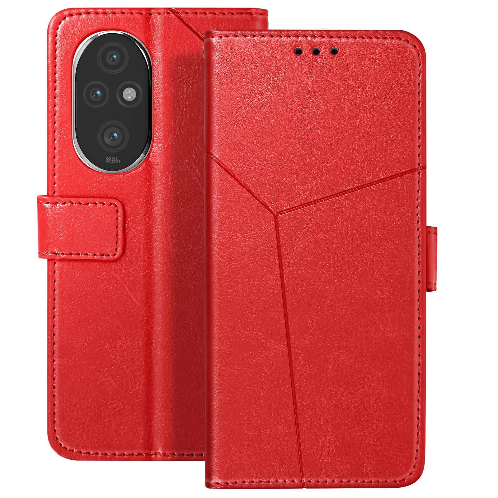 Custodia per telefono in pelle rossa, aperta. La fotocamera del telefono è visibile. La custodia ha una chiusura magnetica.