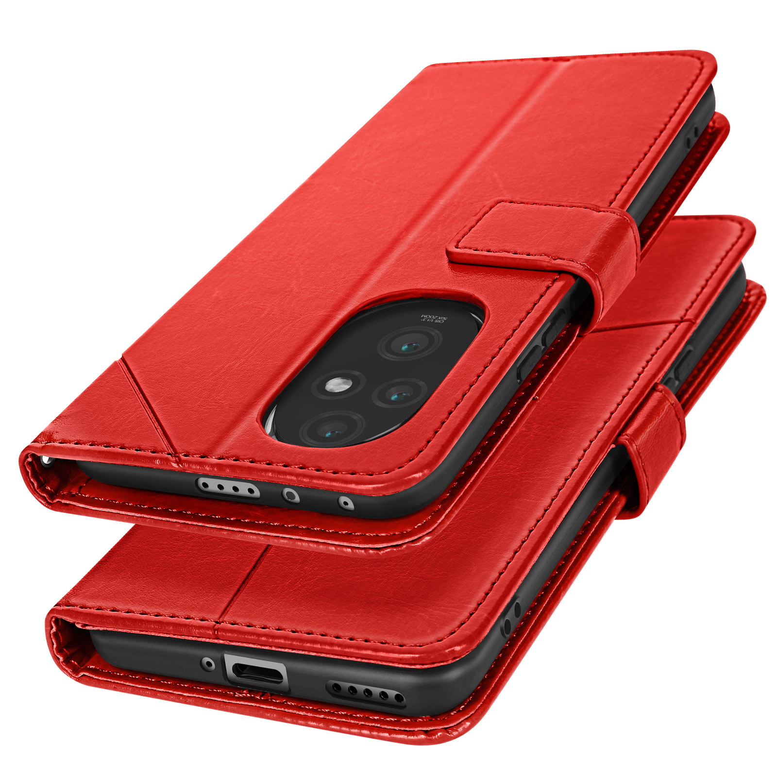 Custodia per telefono rossa, chiusa. Sono visibili quattro obiettivi della fotocamera. Sfondo bianco.