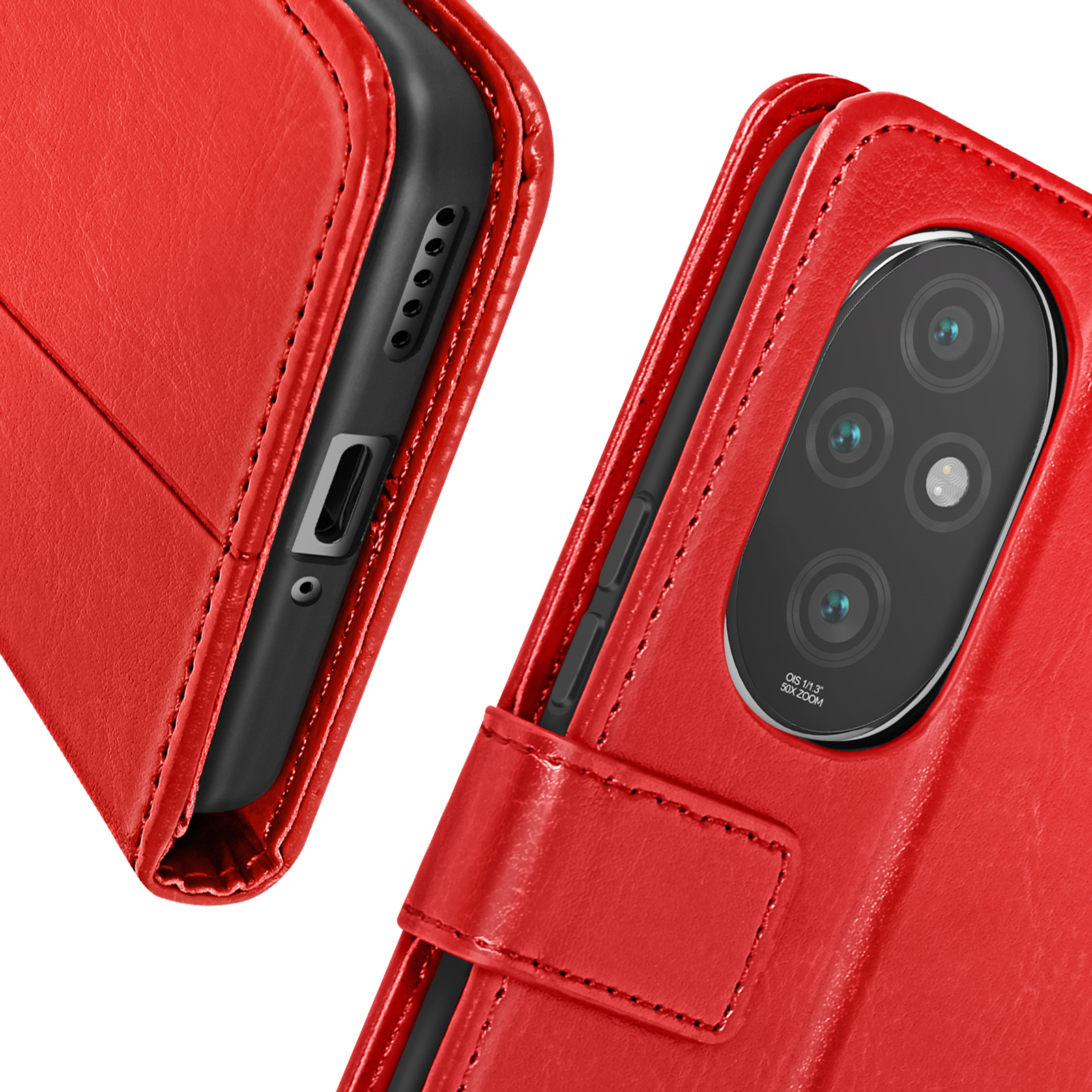 Una custodia per telefono rossa aperta, che mostra la fotocamera e i pulsanti del telefono.