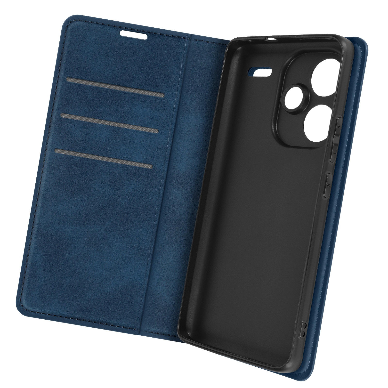 Custodia blu per telefono, aperta per rivelare l'interno nero del telefono. Sono visibili tre slot per schede.