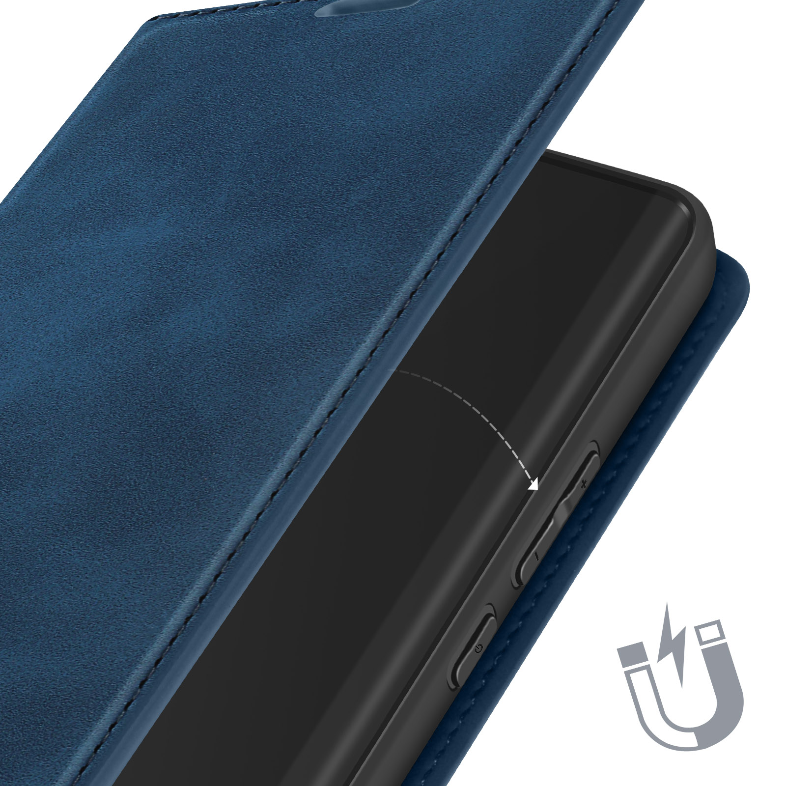 Primo piano di una custodia blu per telefono, che mostra i pulsanti e un segno di chiusura magnetica a destra.