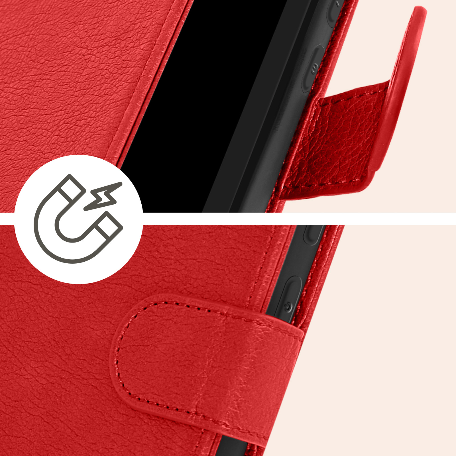 Primo piano di una custodia rossa per telefono con chiusura magnetica e telefono.