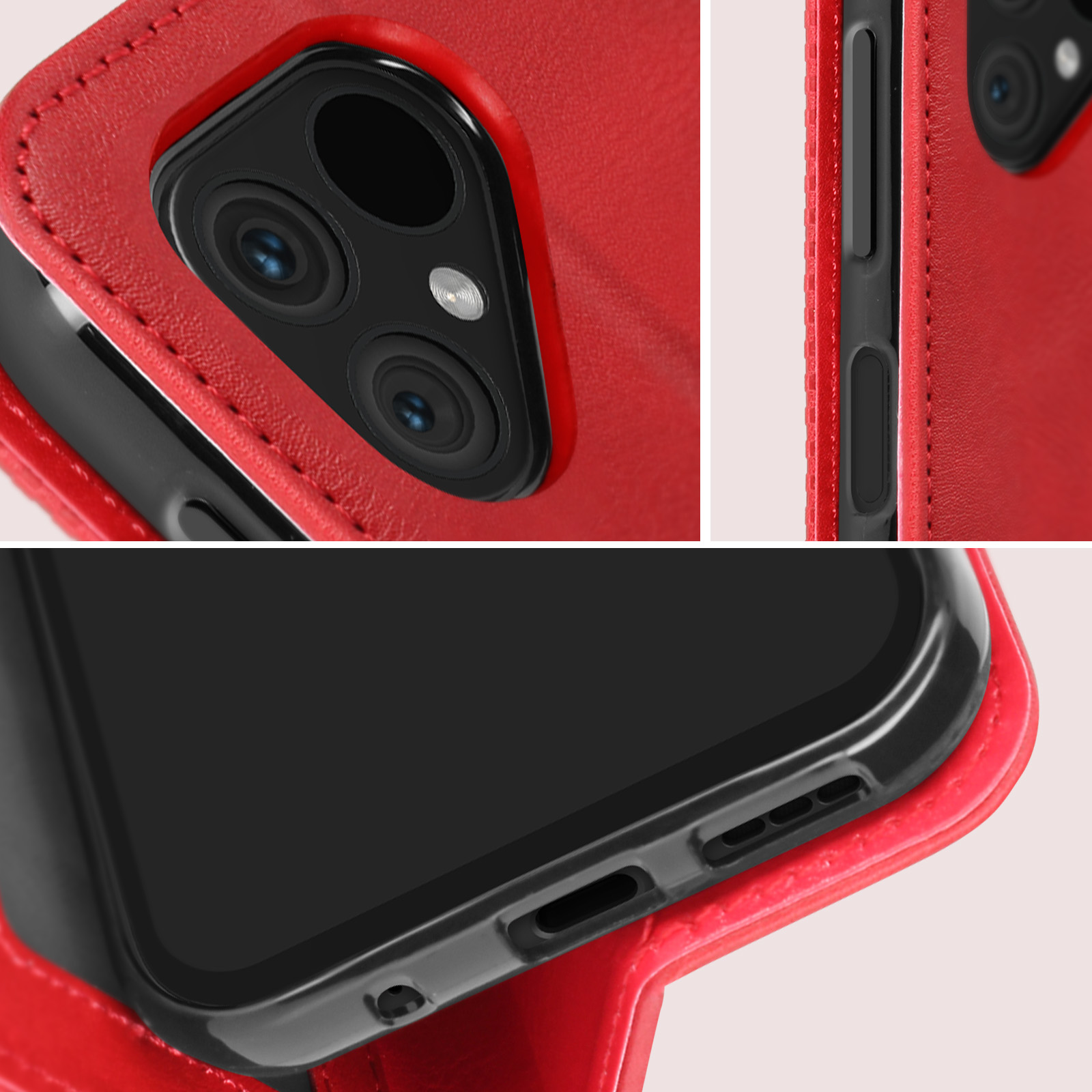 Primo piano di una custodia per telefono rossa che mostra la fotocamera e i pulsanti. La custodia è aperta.