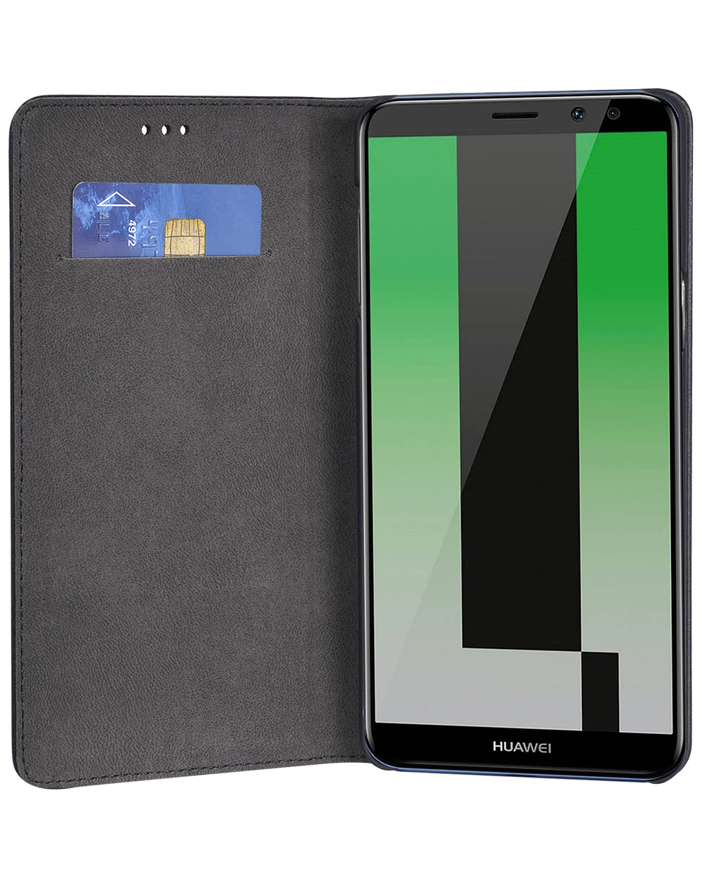 Custodia per telefono grigio scuro che tiene un telefono. Una carta di credito è nella fessura. Logo Huawei visibile.