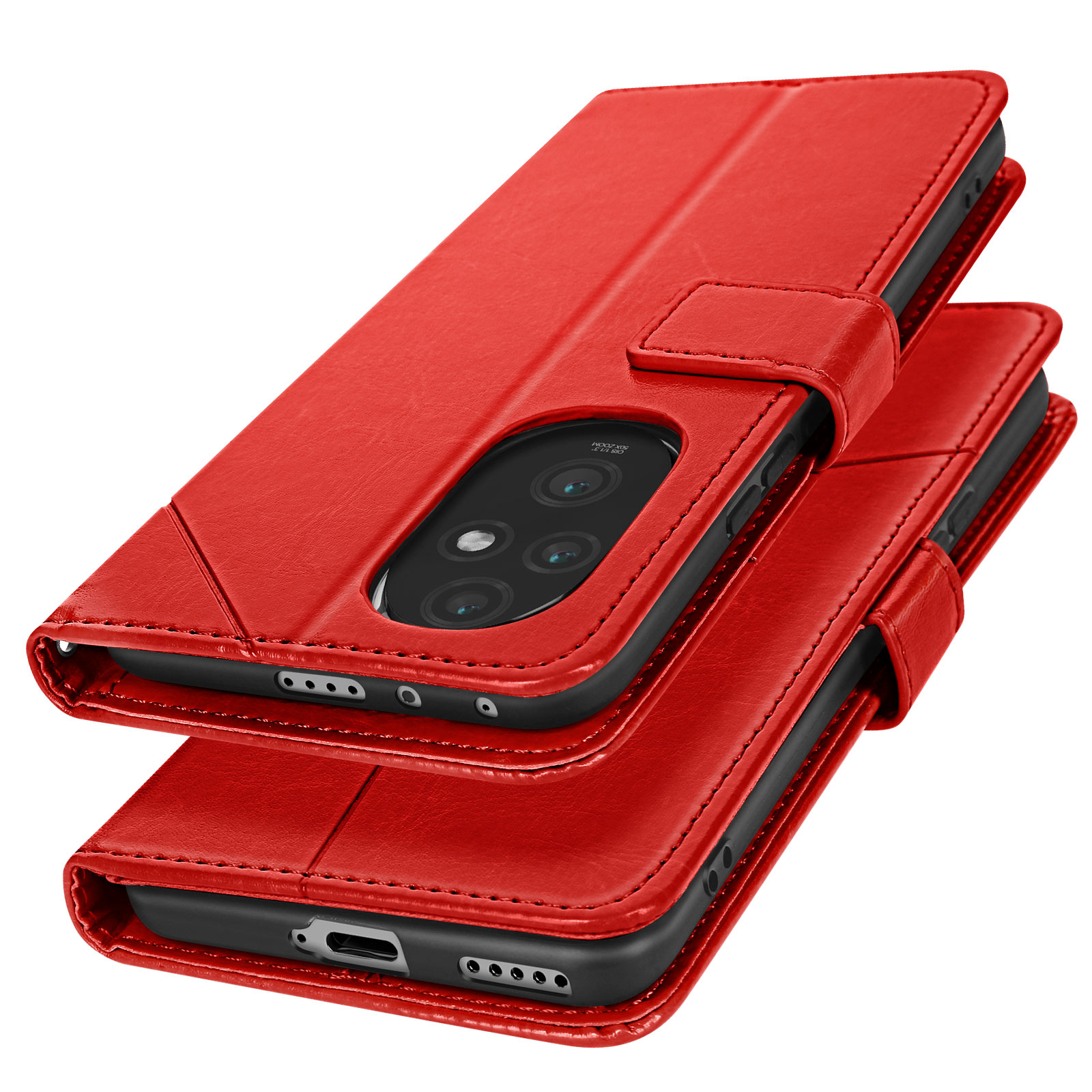 Una custodia per telefono in pelle rossa, aperta, che rivela il telefono e le sue lenti della fotocamera. La custodia ha una chiusura magnetica.