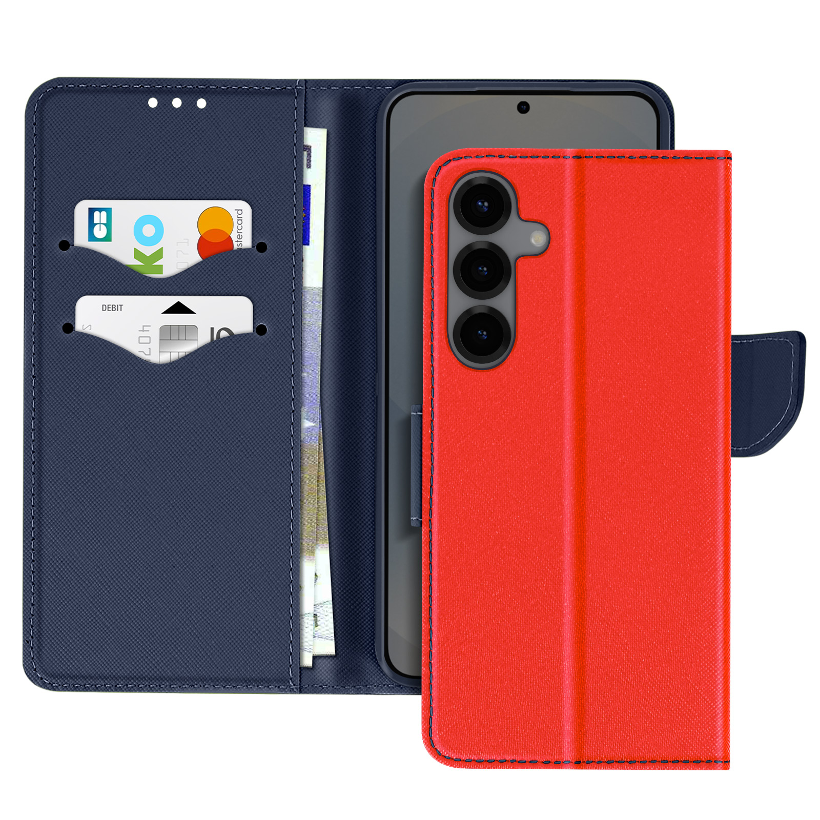 Eine Handyhülle geöffnet mit Kreditkarten und Geld darin. Das Telefon ist rot. Die Hülle ist blau.