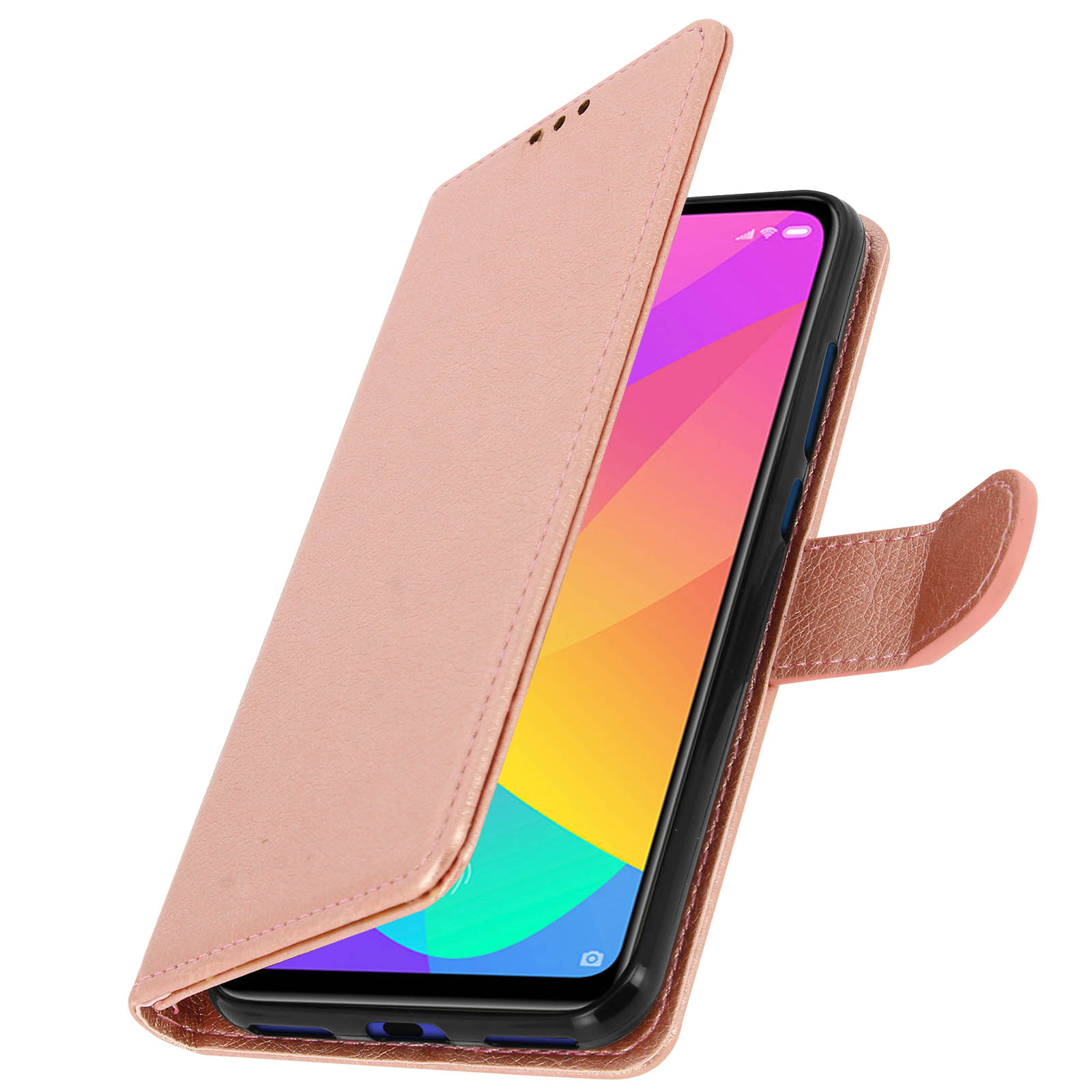 Custodia rosa per telefono con schermo colorato. La custodia è aperta.