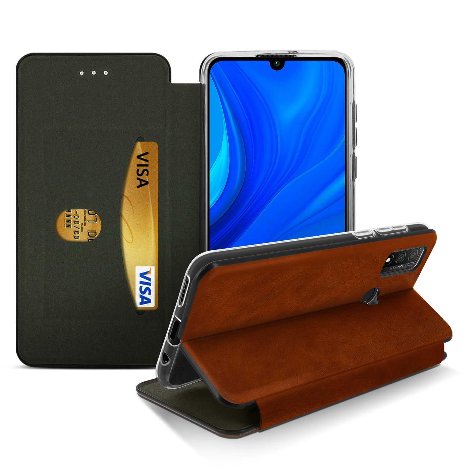 Custodia per telefono con slot per schede e un telefono nella custodia. Carta d'oro.