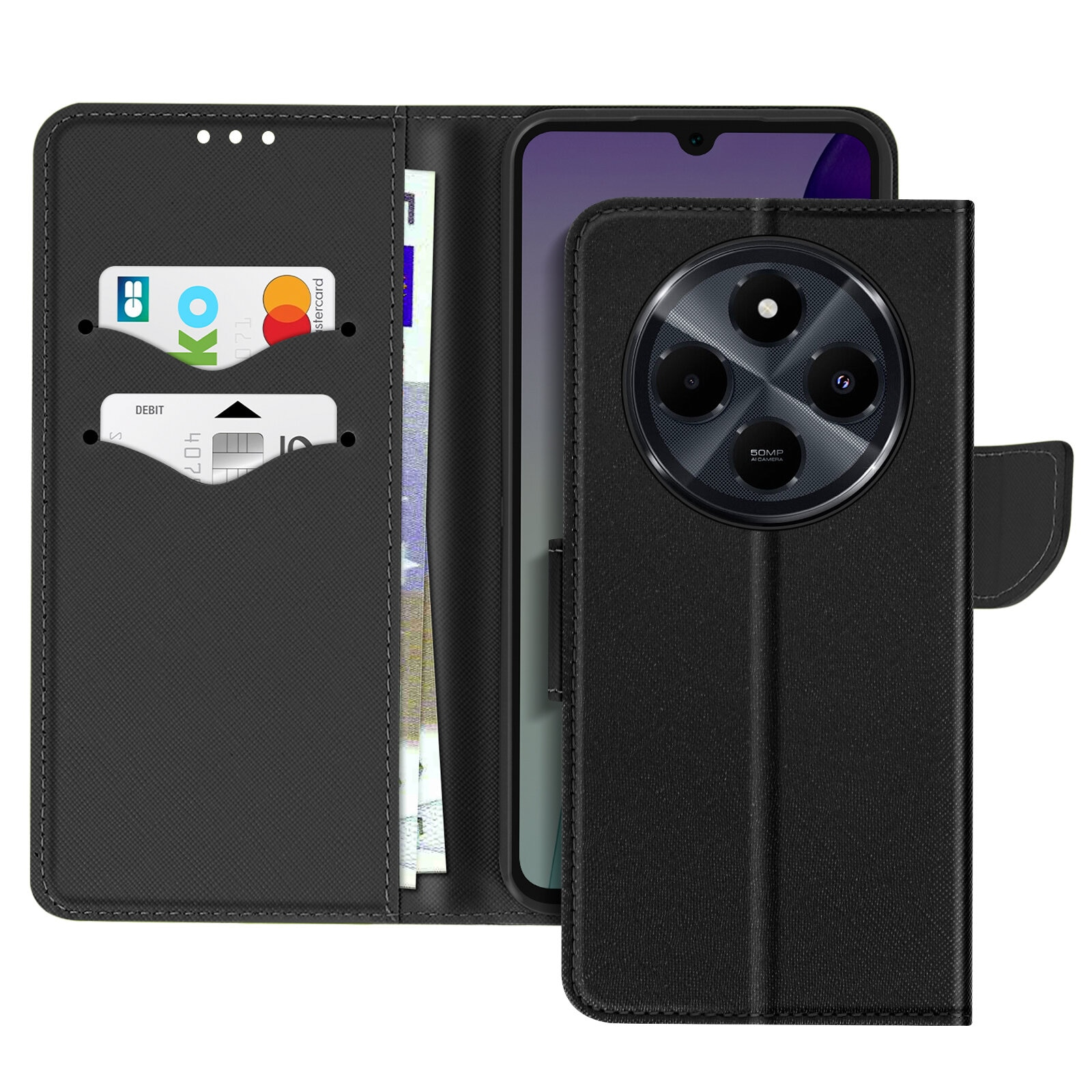 Una custodia nera con carte e un telefono all'interno. Il telefono ha un modulo fotocamera grande.