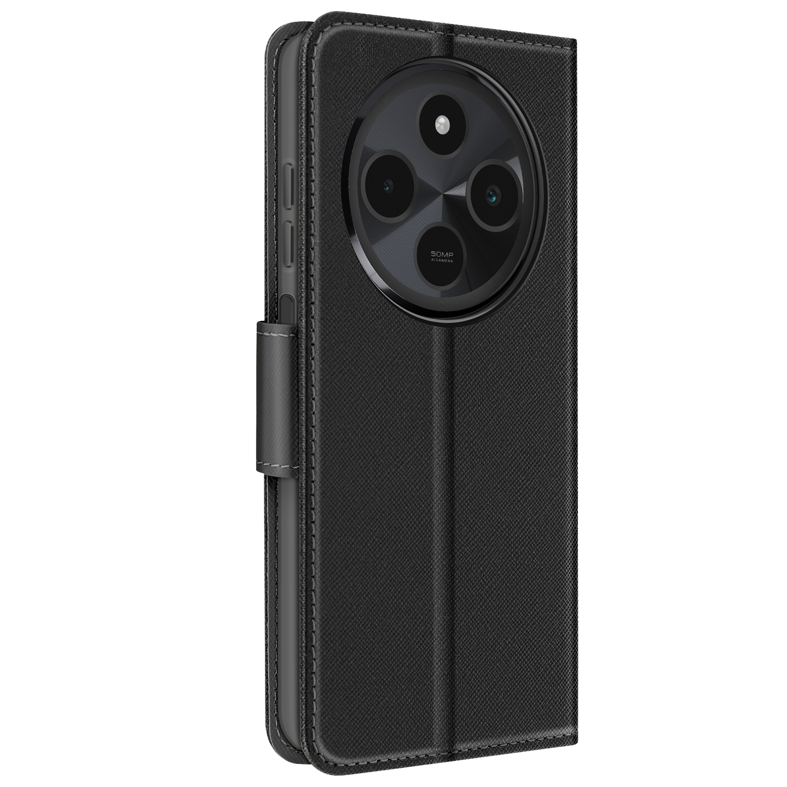 Una custodia per telefono nera è aperta, mostrando la parte posteriore del telefono e il modulo della fotocamera.